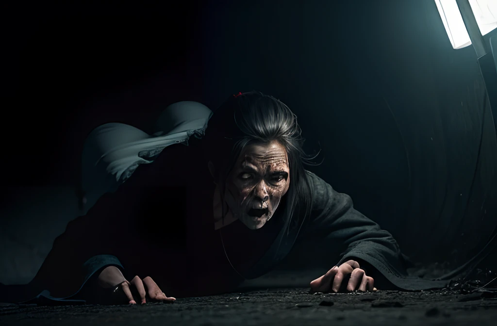 zombification　、Emaciated old woman　、Japan Old Woman　、bony　、horror art