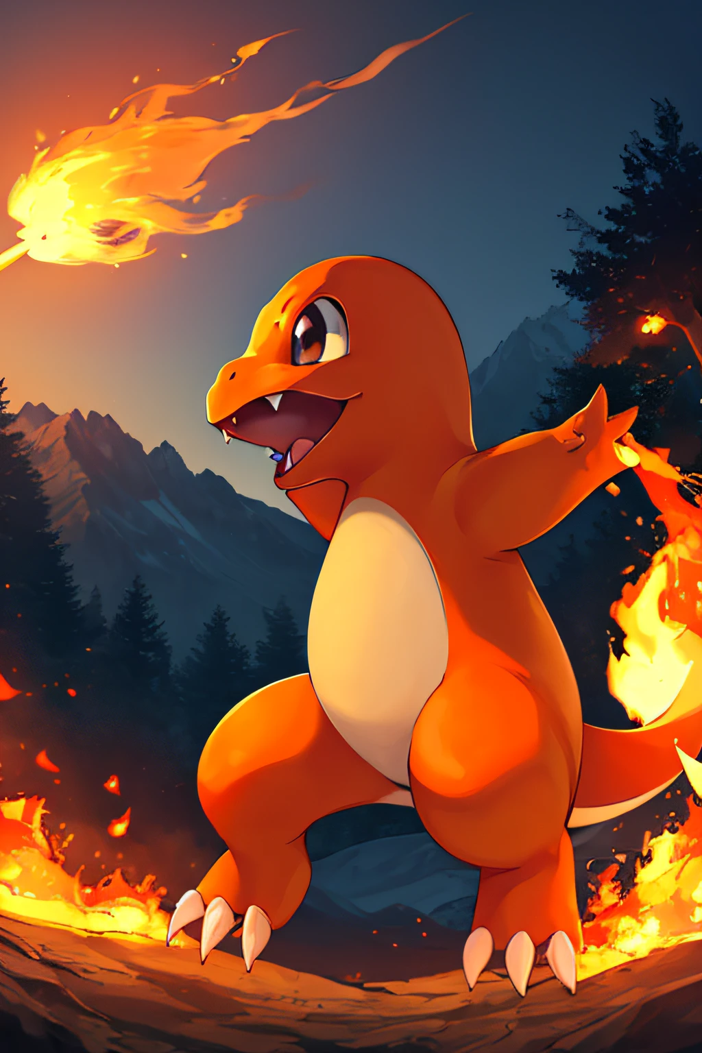 ((masterpiece,best quality)), absurdres,
Charmander_Pokemon,   flame-tipped tail, pokemon_\(creature\),
full_body, facing viewer, looking at viewer,
embers, explosion, fangs, swirling flames,
mountain, nature, no_humans,  outdoors,  sky, tree, evolving