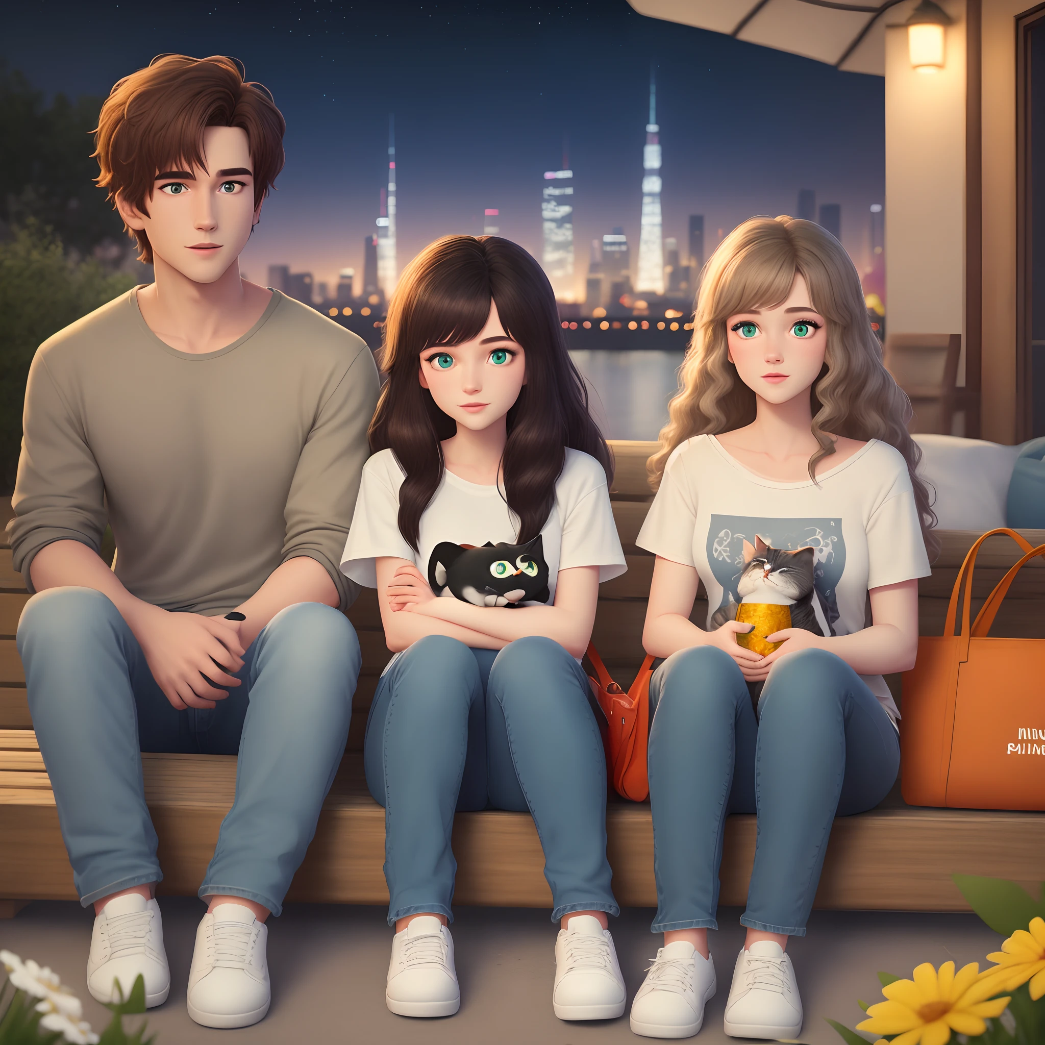 create a disney pixar poster with the title “Pauli and Mine” of a boyfriend, a girlfriend and a grayish cat with green eyes. the boyfriend has short brown hair, blue eyes, a white t-shirt, blue baggy jeans and white shoes. the girlfriend has brown long hair, green eyes. a white cropped top, beige baggy jeans and white shoes. all of them are sitting on a picnic blanket with food and lots of flowers. in the background is a skyline. it is night time. create it as a 3D picture.