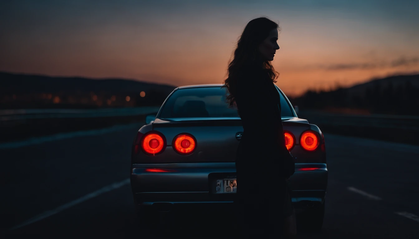 Beautiful woman with a car behind her at night, Nissan skyline, twilight sky, night lights, night sky, sunset sky, night drive, ultra detailed, photorealistic, cinematic, masterpiece.