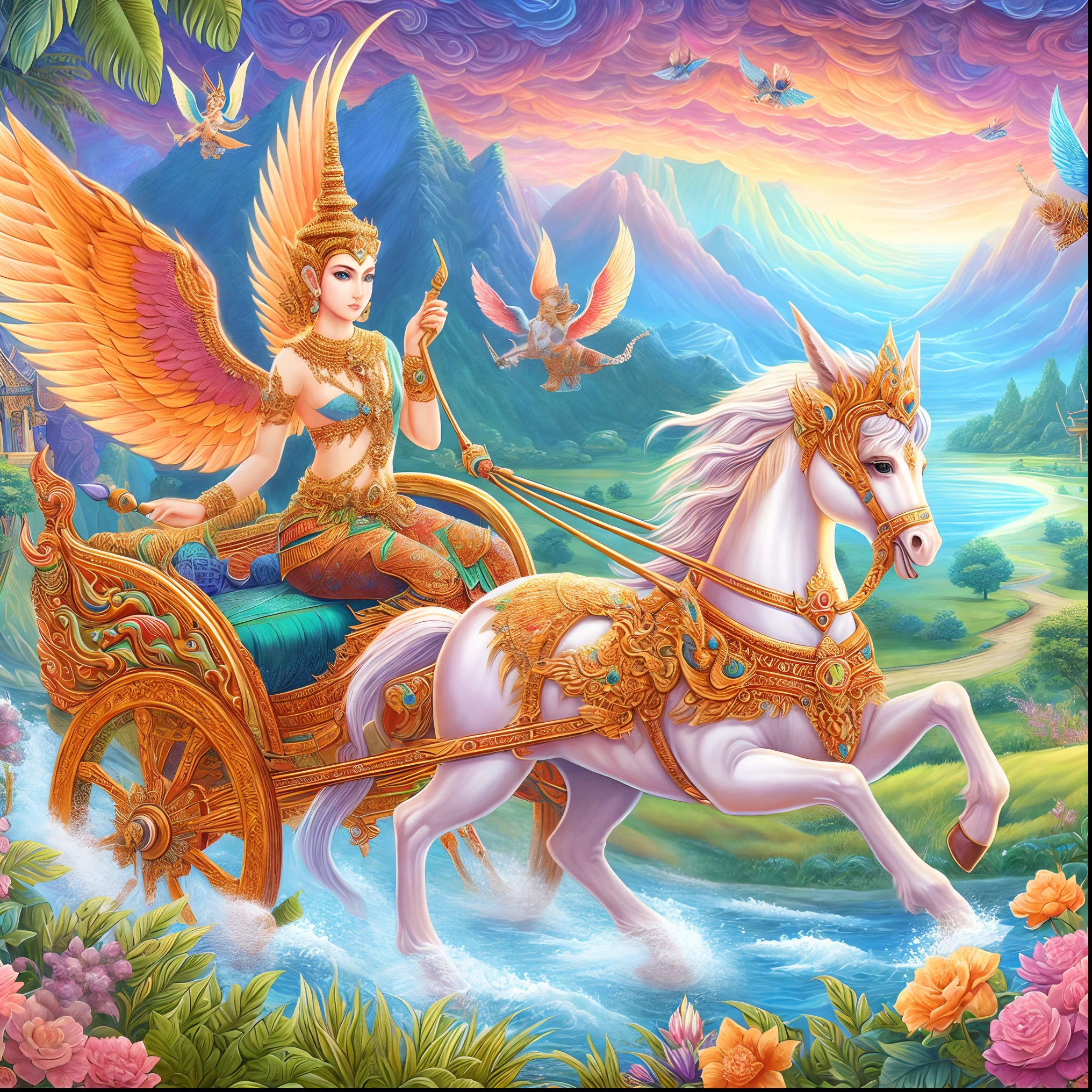 a painting of a woman riding a horse with a winged carriage, woman riding a flying unicorn, very beautiful fantasy art, beautiful fantasy painting, by Caroline Chariot-Dayez, magic fantasy highly detailed, beautiful fantasy art, chariot, beautiful detailed fantasy, goddess of travel, fantasy painting hd, breathtaking fantasy art, pegasus, beautiful godrays, fantasy highly detailed
