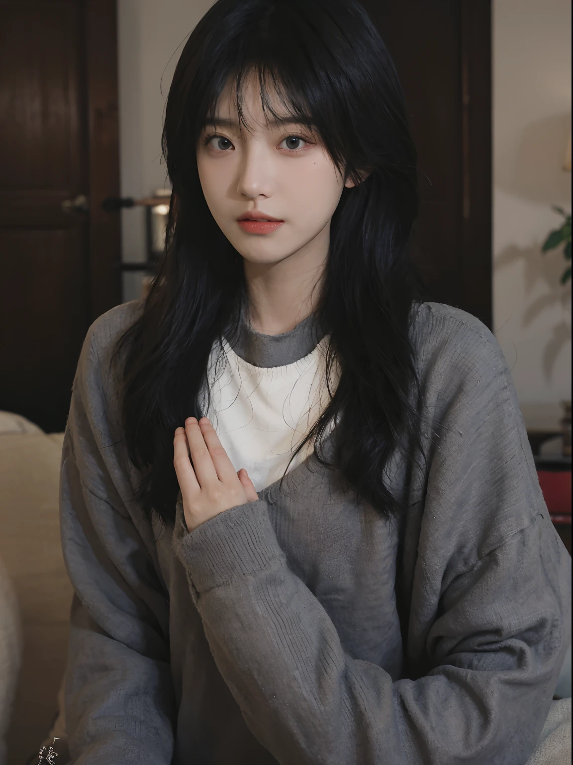 best qualtiy， 超高分辨率， （realisticlying：1.4）， A woman with long black hair and a gray sweater, 中景 the scene is, She has black hair，By bangs, young lovely Korean faces, wan adorable korean face, ulzzangs, Shin Jinying, beautiful aesthetic face, Korean face features, Played by Liu Lee Ji Eun ，Beautiful realistic face