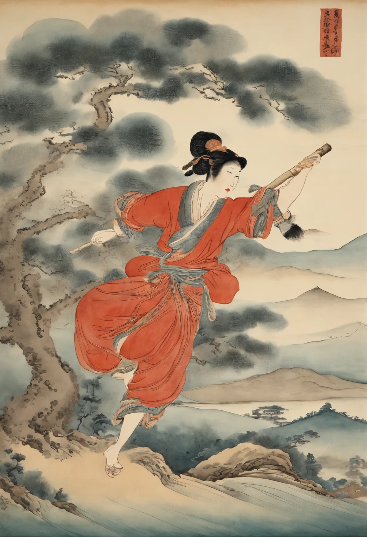 Best Quality, style of hokusai, ukiyoe painting, femele,Smoke pipes,scroll