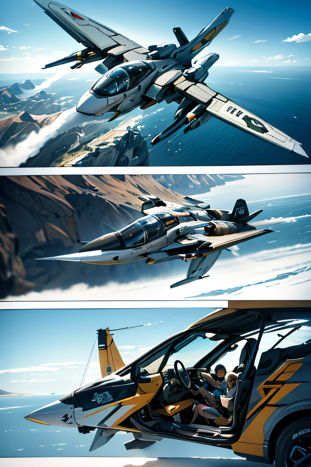 top-quality、masutepiece、4K、comic strip、watercolor paiting、ighly detailed、 Girl in Cybersuit with Semi Long Hair、Fly through the air astride a small flying mech、Dogfight、SPEEDLINE、Centralized lines、Sci-fi cartoons