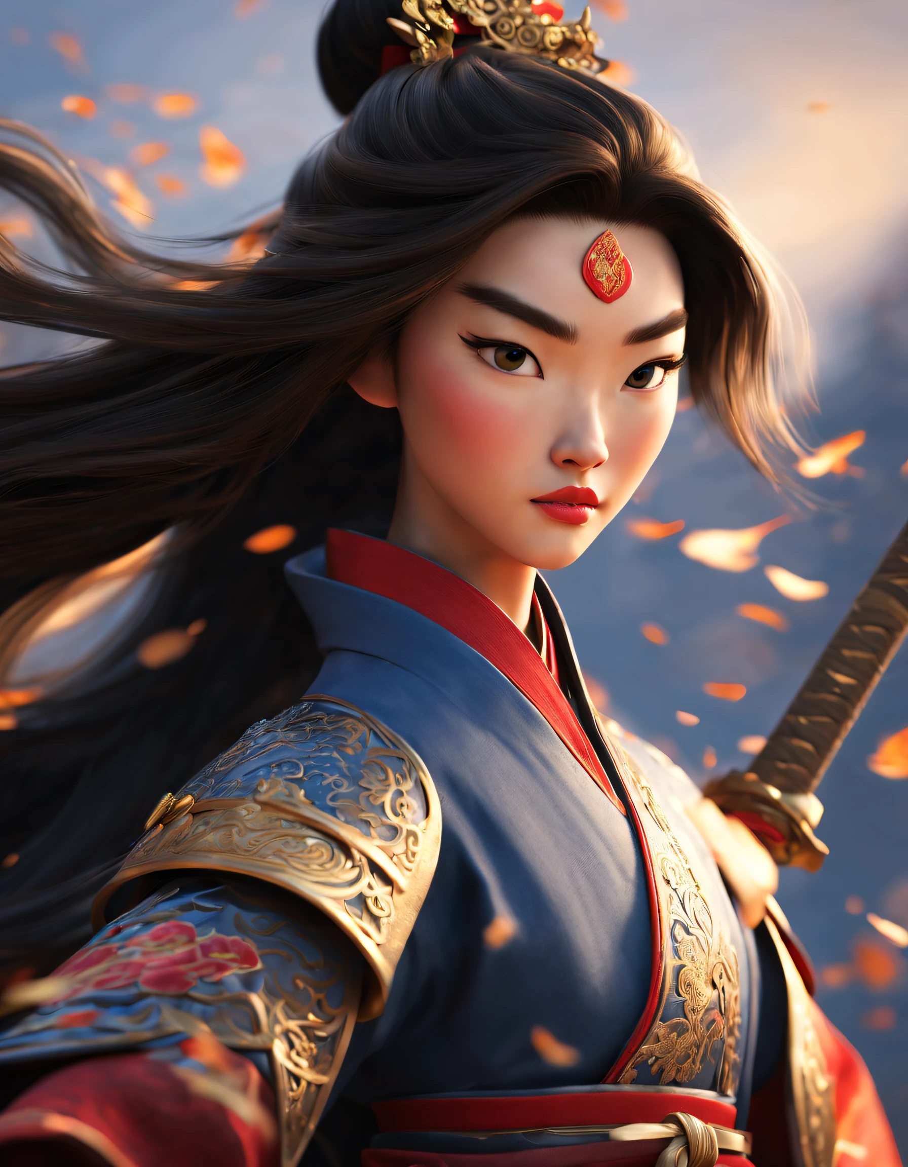 3D rendering of (Close-up of Mulan and the sword), （Very long sword），（Sword），The upper body wears dark blue armor made of fish scales and iron， The armor was also inlaid with golden stars，floral embroidery，Cloak decorated in black and gold， Very long hair, Ebony hair, Big black eyes, Long eyelashes, Sexy red lips, Resolute expression, disney movie《Mulan》, Martial arts, Kungfu, Chinese exquisite clothing, Wield your sword，Cut through the clouds, As estrelas，Embroidery background: (blood spatter：1.37），（Red Phoenix: 1.1）, Dusty,,{{Masterpiece}}, {{{Best quality}}},{{Ultra-detailed}}, {{illustration}},{{Disheveled hair}},{{Masterpiece}},{{{Best quality}}},{{Ultra-detailed}}, {{{illustration}}},{{Disheveled hair}},Clear facial features,close up photograph,,Alphonse Mucha,Pixar style,Cartoon style,beatrix potter ,Refined atmosphere,Intense atmosphere, microscopic view,Close-up(CU),Extreme closeup,back Lighting,