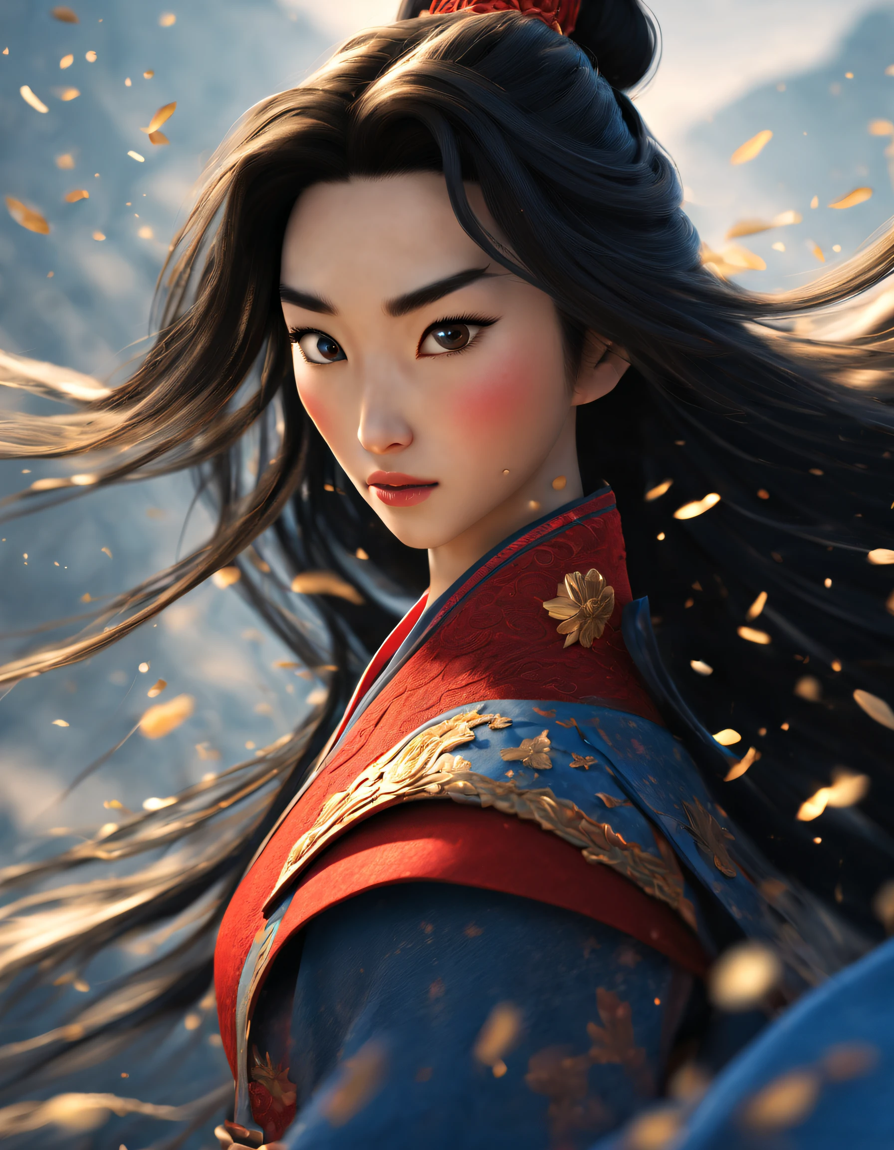 3D rendering of (Close-up of Mulan and the sword), （Very long sword），（Sword），The upper body wears dark blue armor made of fish scales and iron， The armor was also inlaid with golden stars，floral embroidery，Cloak decorated in black and gold， Very long hair, Ebony hair, Big black eyes, Long eyelashes, Sexy red lips, Resolute expression, disney movie《Mulan》, Martial arts, Kungfu, Chinese exquisite clothing, Wield your sword，Cut through the clouds, As estrelas，Embroidery background: (blood spatter：1.37），（Red Phoenix: 1.1）, Dusty,,{{Masterpiece}}, {{{Best quality}}},{{Ultra-detailed}}, {{illustration}},{{Disheveled hair}},{{Masterpiece}},{{{Best quality}}},{{Ultra-detailed}}, {{{illustration}}},{{Disheveled hair}},Clear facial features,close up photograph,,Alphonse Mucha,Pixar style,Cartoon style,beatrix potter ,Refined atmosphere,Intense atmosphere, microscopic view,Close-up(CU),Extreme closeup,back Lighting,