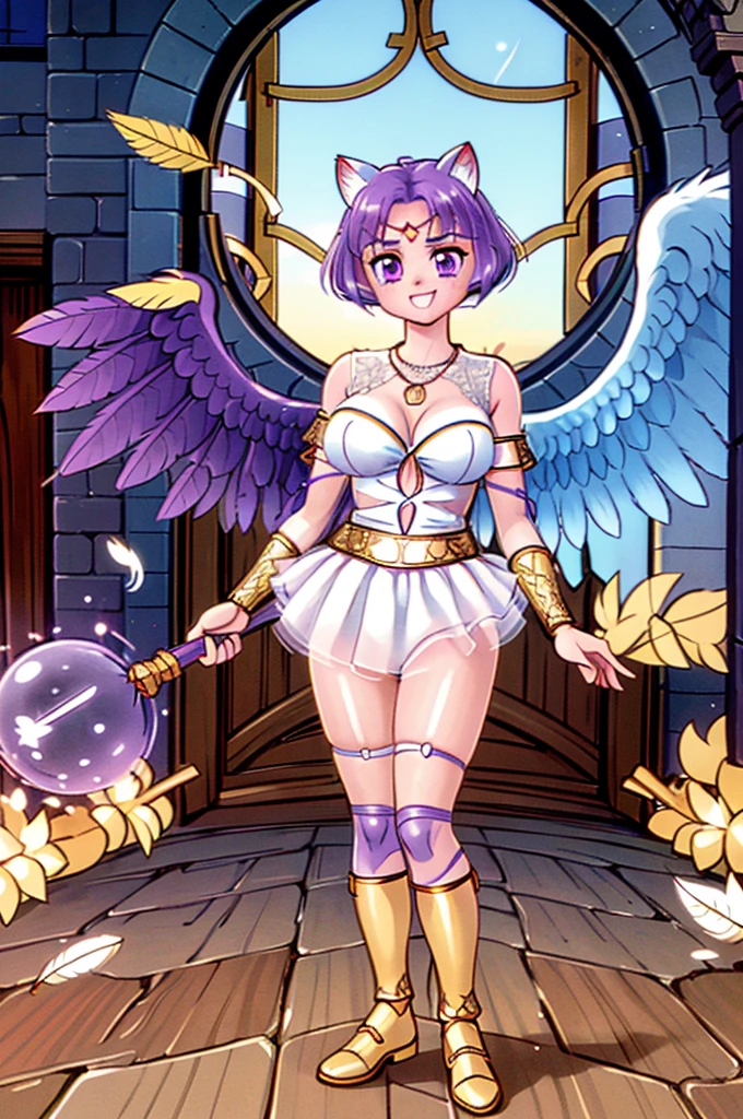 cathedral, sunny, sun light, the lights of a sun, lines of light, ambient light, rounded window, mosaic window, flying feathers around, Laura_(vindictus), 1girl, solo, smile, looking at viewer, (eyes half-closed:0.6), short hair, animal ears, cleavage, jewelry, purple eyes, standing, purple hair, cat ears, necklace, facial mark, forehead mark, feathered wings, armlet, angel wings, angel, bracer, prays, , arms crossed (masterpiece,highres,beautiful, realistic,extremely detailed face,best quality:1.2), (shiny skin), blurry,, full body, boots,s,holding snek staff, long skirt,Daoist_Robe, bimbo, curvy, bigbreast ,full body, body suit, armor, drop shadow, anaglyph, stereogram, tachi-e, pov, atmospheric perspective, 8k, super detail, ccurate, best quality, UHD, retina, masterpiece, ccurate, anatomically correct, textured skin, super detail, high details, high quality, award winning, best quality, highres, 1080P, HD,medieval armor,Medieval Style Armor Suit
