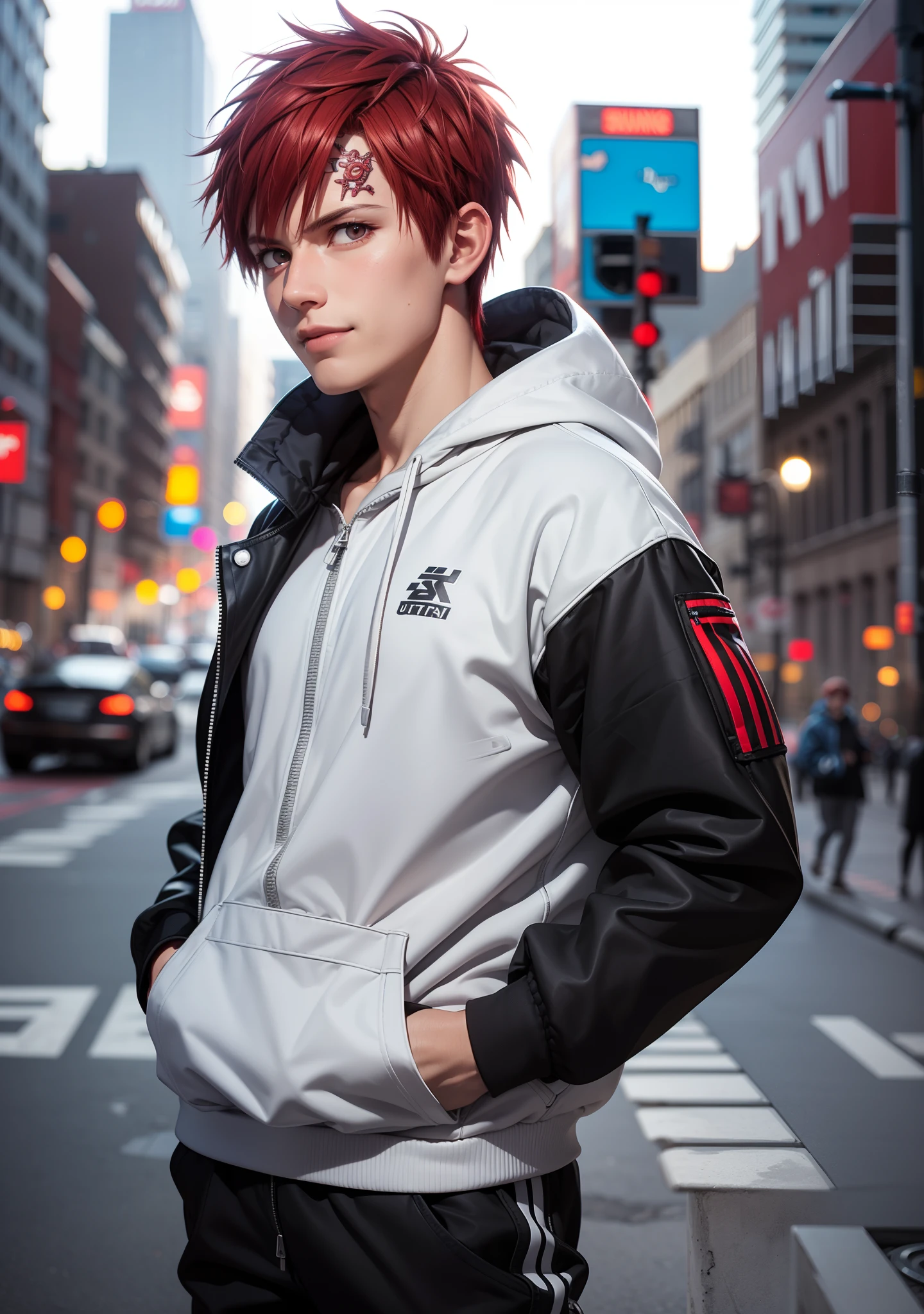 masterpiece, ultra-detailed, 1boy, male focus, upper body shot, Gaara wearing Streetwear Hoodie, red hair, look at viewer, happy face, Hands in pockets, vibrant colors, cityscape background, dinamic lighting, highly detailed face, stylish, urban style, cool attitude, bokeh, blurry background,