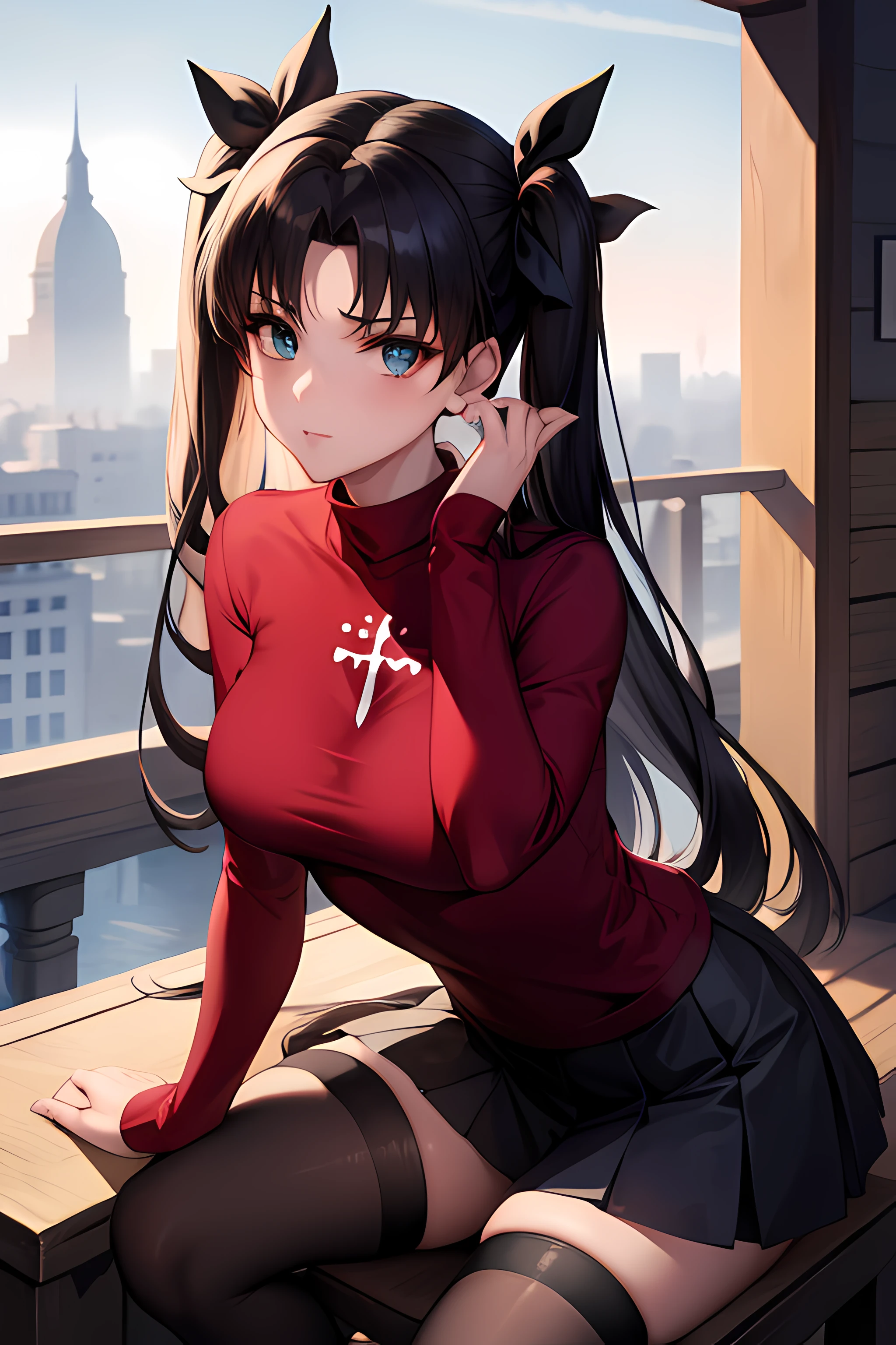 (masterpiece), best quality, expressive eyes, perfect face, 1girl, solo, rintohsaka, rin tohsaka, aqua eyes, black hair, hair ribbon, long hair, ribbon, sidelocks, two side up, black skirt, black thighhighs, long sleeves, miniskirt, pleated skirt, ((red sweater)), skirt, sweater, thighhighs, turtleneck, city background, sitting, character sheet, upper body, portrait, looking at viewer