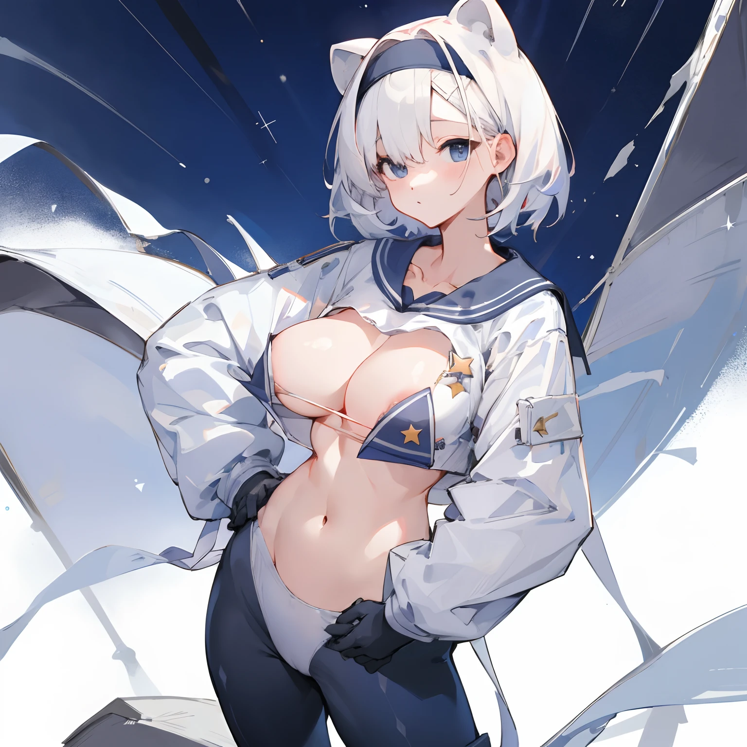 Leakage out of the collarbone，Neck leakage，Star decoration，stand posture，standing straight，a sailor suit，Pose for a photo，white backgrounid，Bigboobs