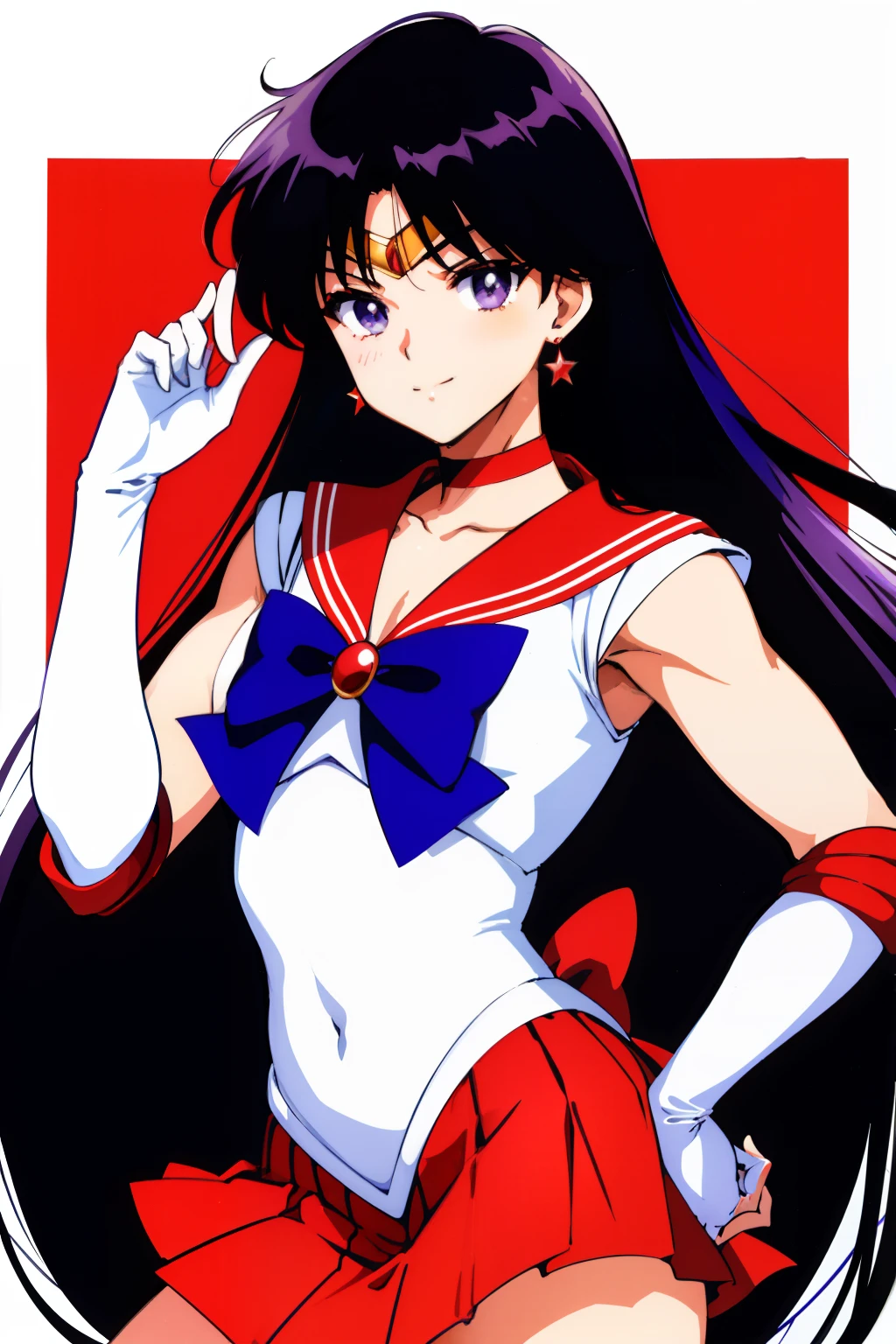 top-quality、​masterpiece、Anime Boy、Cool boys、Junior high school boys、solo、jewelry、Star earrings、Rei Hino、gender change、Sailor Mars、gender change(Girls to boys)、Sailor Senshi Uniform、Boy with very long black hair、white glove、elbowgloves、skirt、Red sailor collar、Blue bow tie、White leotard、highleg leotard、robe blanche、covered_navel、rating:safe、Hands on buttocks、Magical Boy、a red skirt、red_background、smile、bow、back_bow、cowboy_shot、a miniskirt、pleatedskirt、circlet、looking_at_viewer、collarbone、Boy with Purple Eyes、Blue-eyed boy、closed_mouth、Muscular men、Boy standing、a red choker、bangs、brooch、Bare shoulders、bare legs、Hymns to the King as a Prince、Classic Boy、(1990's\(styles\):0.9)、