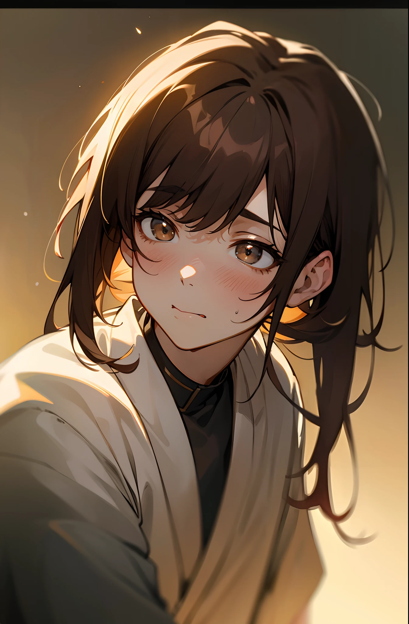 younge boy, brown hair, bangs, bangs pinned back, mullet, licking lips, anime style, Tonalism, Romanticism, cinematic lighting, UHD, ccurate, textured skin, best quality, 1080P, highres --auto