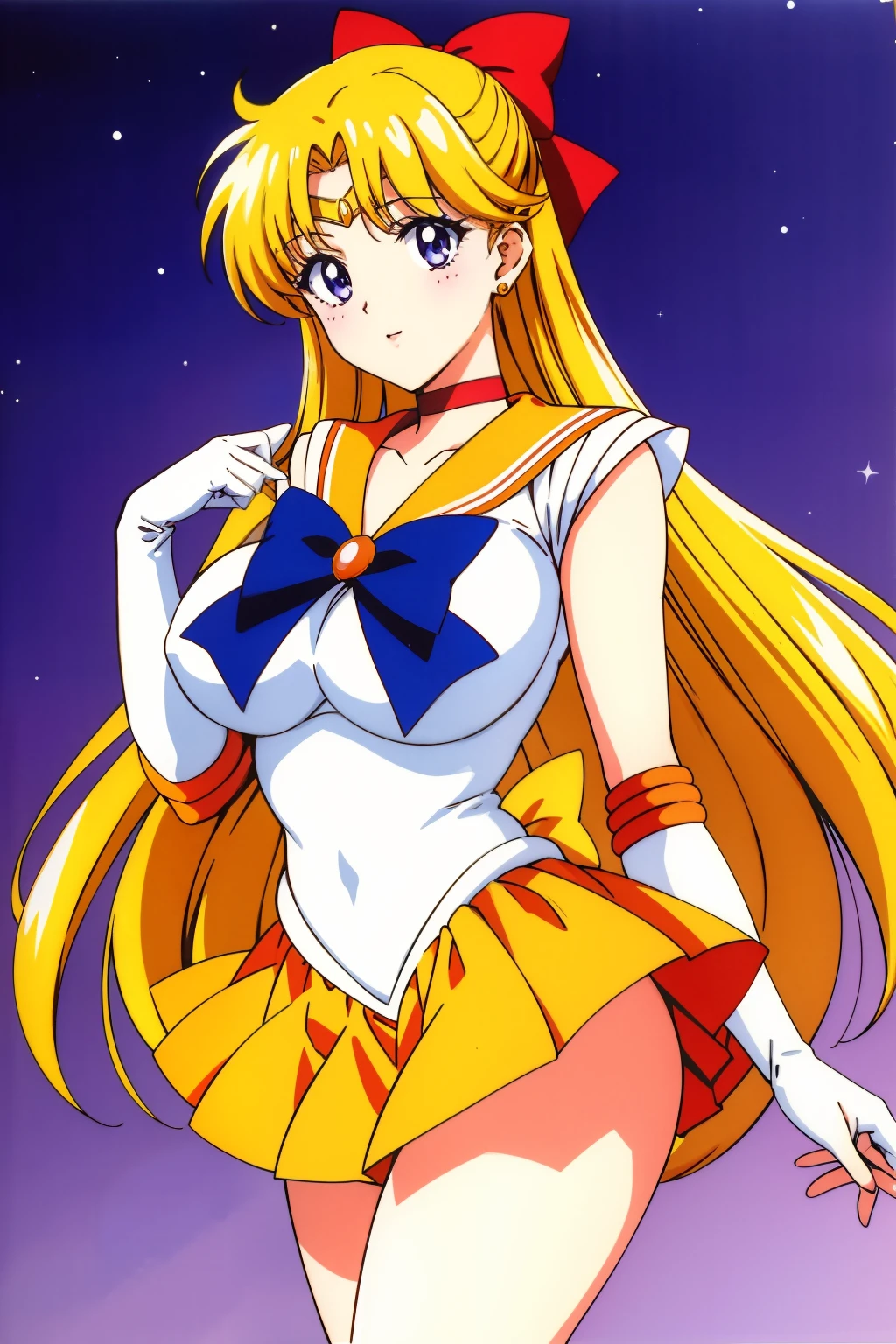 top-quality、masterpiece、Sailor Senshi Uniform、Anime Aunt、A MILF、aino minako、sailorvenus、Orange Choker、Golden Choker、bow、Very long blonde woman、Blue-eyed woman、white glove、elbowgloves、Orange skirt、Golden skirt、rating:safe、solo、magical girl、Orange sailor collar、Golden sailor collar、purple bowtie、red_bow、back_bow、jewelry、hair_bow、耳Nipple Ring、Woman with very large breasts、huge tit、circlet、a miniskirt、pleatedskirt、Half Up Hair、purple_bow、cowboy_shot、looking_at_viewer、White leotard、highleg leotard、robe blanche、nigh sky、Woman standing、shiny、bare legs、Bare shoulders、(1990's\(styles\):0.9)、