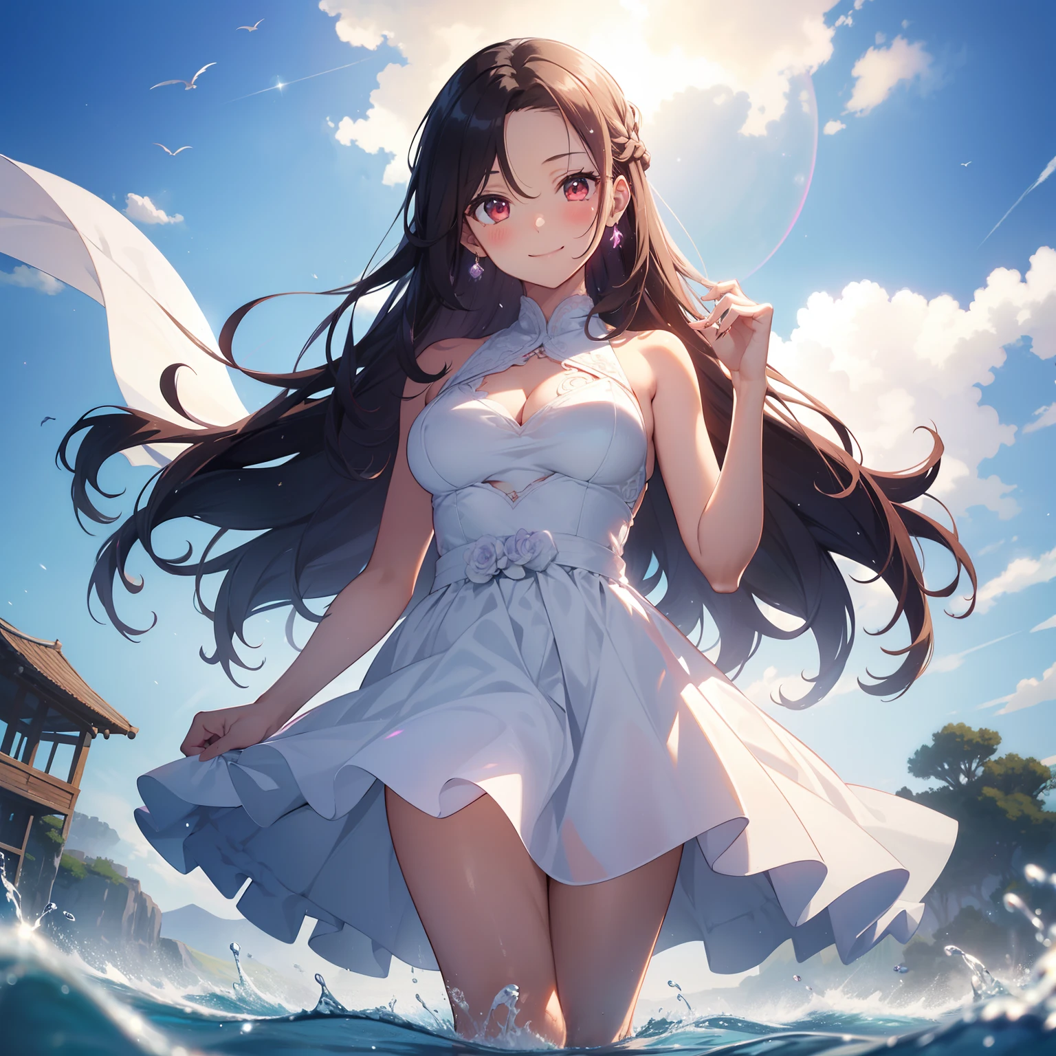 (masutepiece,Best Quality,8K),(extremely detailed CG1.1),Girl standing on the surface of the water emitting a beautiful light,Smile,large boob,(From below:1.2),Intricate details , Hyper realistic, Perfect Anatomy,A dark-haired,Red Eyes,(((Forehead))),Permed hair with wavy hair,(((length hair))),Hair over one eye,hair slicked back,(((Standing))),Full body,weddingdress,blush,Happy smile,Calm lavender fields as far as the eye can see, Water droplets,Lens Flare,Wind,Magnificent view,(chromatic abberation:1.3),Dynamic Angle,bird flocks,Cowboy Shot,Looking at Viewer