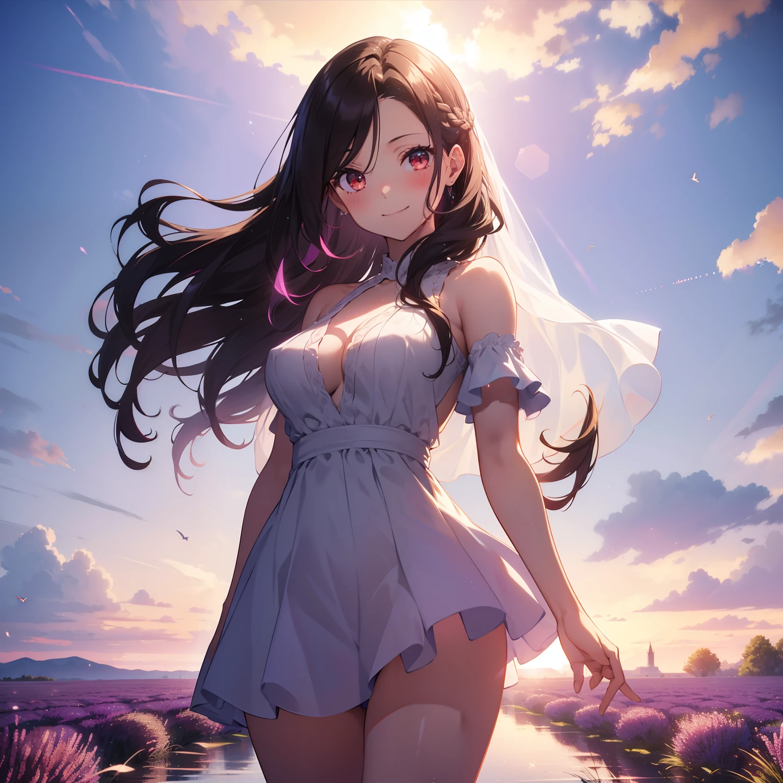(masutepiece,Best Quality,8K),(extremely detailed CG1.1),Girl standing on the surface of the water emitting a beautiful light,Smile,large boob,(From below:1.2),Intricate details , Hyper realistic, Perfect Anatomy,A dark-haired,Red Eyes,(((Forehead))),Permed hair with wavy hair,(((length hair))),Hair over one eye,hair slicked back,(((Standing))),Full body,weddingdress,blush,Happy smile,Calm lavender fields as far as the eye can see, Water droplets,Lens Flare,Wind,Magnificent view,(chromatic abberation:1.3),Dynamic Angle,bird flocks,Cowboy Shot,Looking at Viewer
