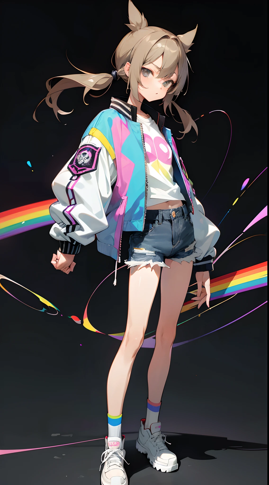 Manga, Drawing, Grey eyes, short light brown hair, Blind, Hyuga, black background, Pigtails,colorful,rainbow aura, jean shorts,Punk Rock,loose white uniform jacket with sleeves that stop at his forearms. He also wears slender blue jeans that tuck into white sneakers that match his jacket.,Female