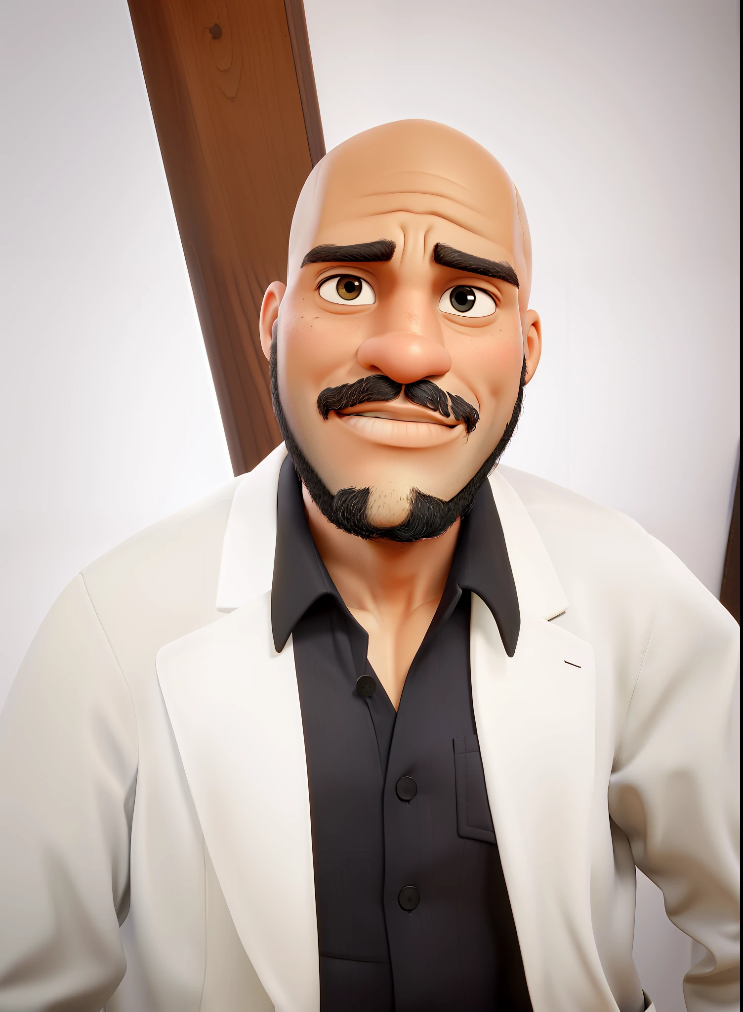 black man, bald, without glasses, 30 years old, Brazilian, northeastern Paraíba, without hair, with his mouth closed, wearing a cream-colored jacket with a black shirt, has a gray black beard with some gray hairs, closed mouth, very bald, located in a house with normal lighting, behind the scenes there is a white wall, the ambient light is bright