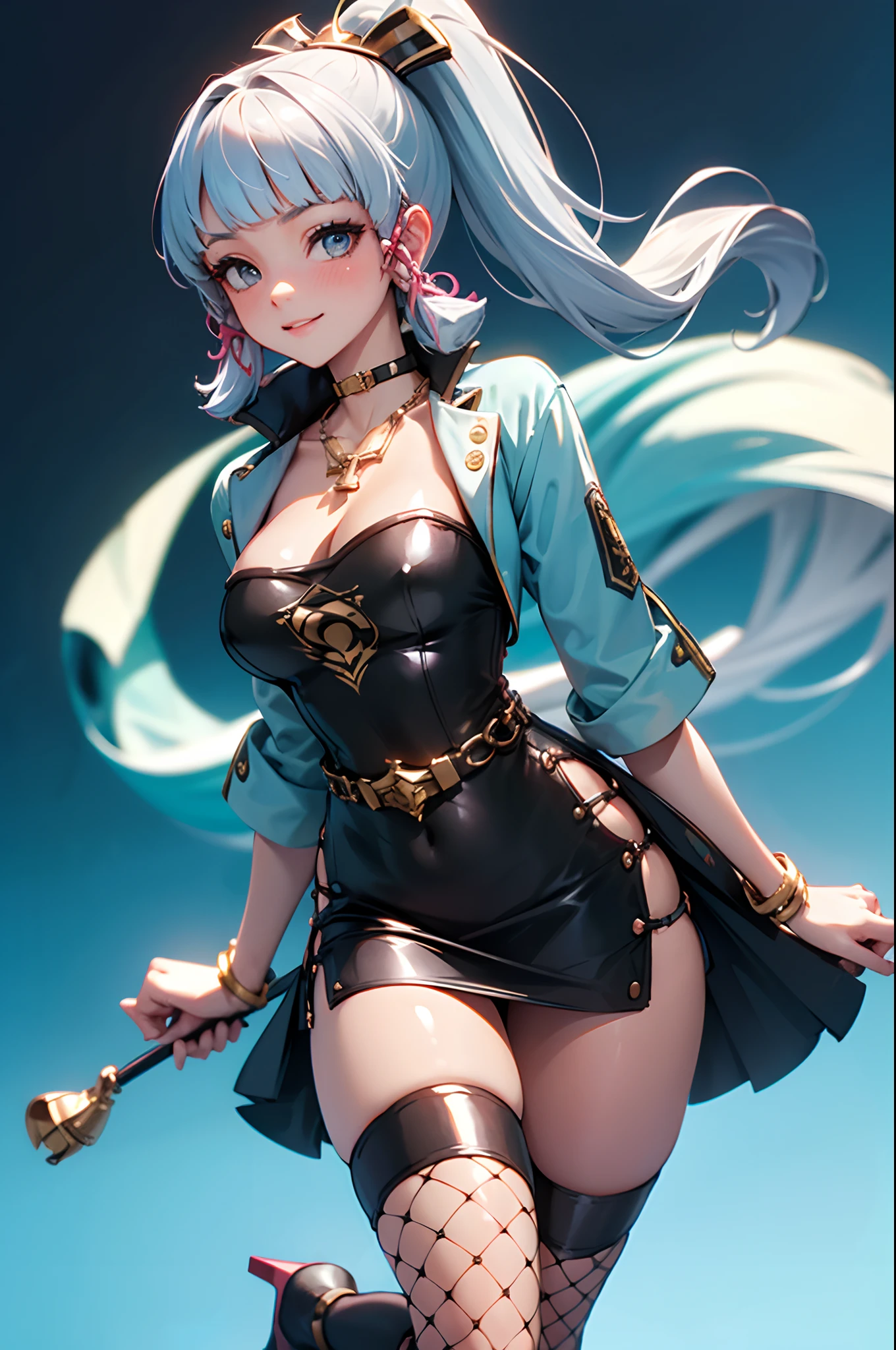 kamisato_ayaka, 1girl, solo, (microdress), (golden), (bodycon), fur trimmed jacket, cleavage, navel, jentle smile, (face focus), (o-ring:1.2), jewelry, necklace, waist cutout, belt, fishnet thighhighs, highheels, looking at viewer BREAK masterpiece, best quality, glowing skin, mature figure, voluptuous body, shiny skin, mature women, from the front, (chromatic aberration, intricate details), dynamic angle, 40K, HDR, highres,