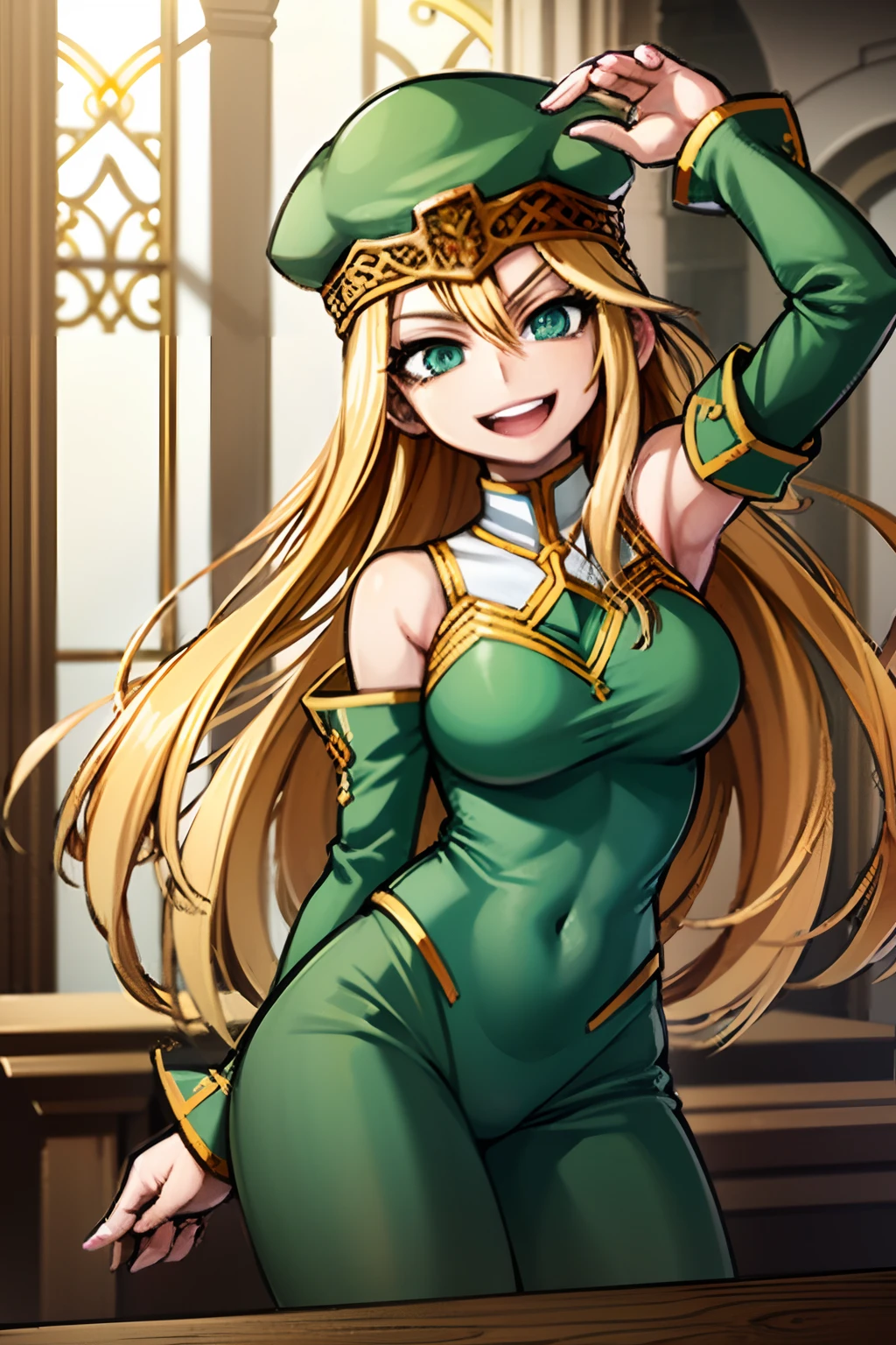 young woman, green hat, blond hair, norse outfits, green outfits, blue eyes, smiling, in a church, happy, looking at viewer, freya, 4k,
