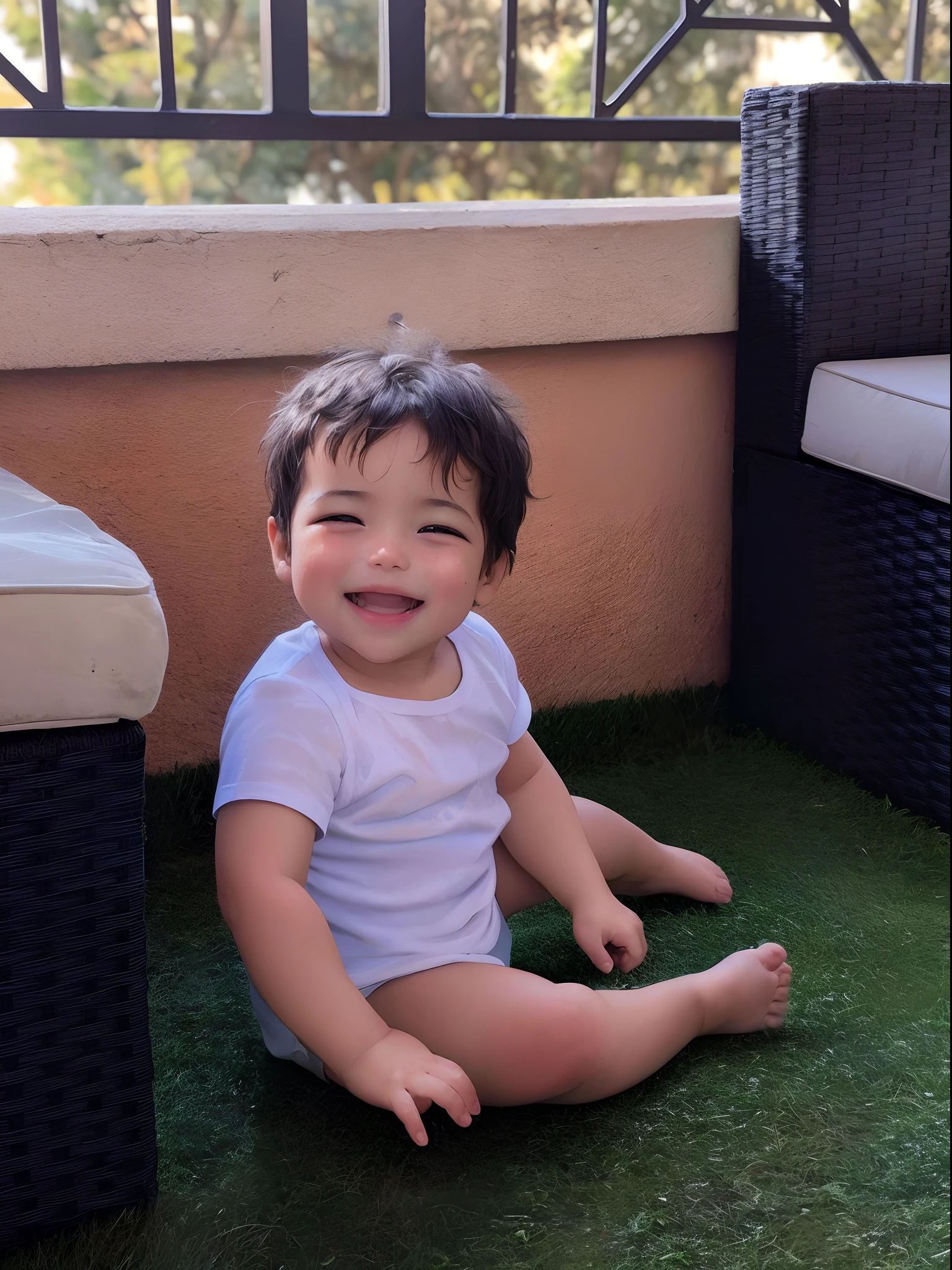 There's a sitting on the grass on the porch, garoto feliz, 2 anos, garotinho, menino bonito, belos arredores, bonito e sorridente, sorrindo de cima, Divertindo-se ao sol, he is very happy, imagem de perfil, sorrindo brincando, sentado na grama verde, feliz com a boca aberta, Tim, playful grin, feliz e sorridente