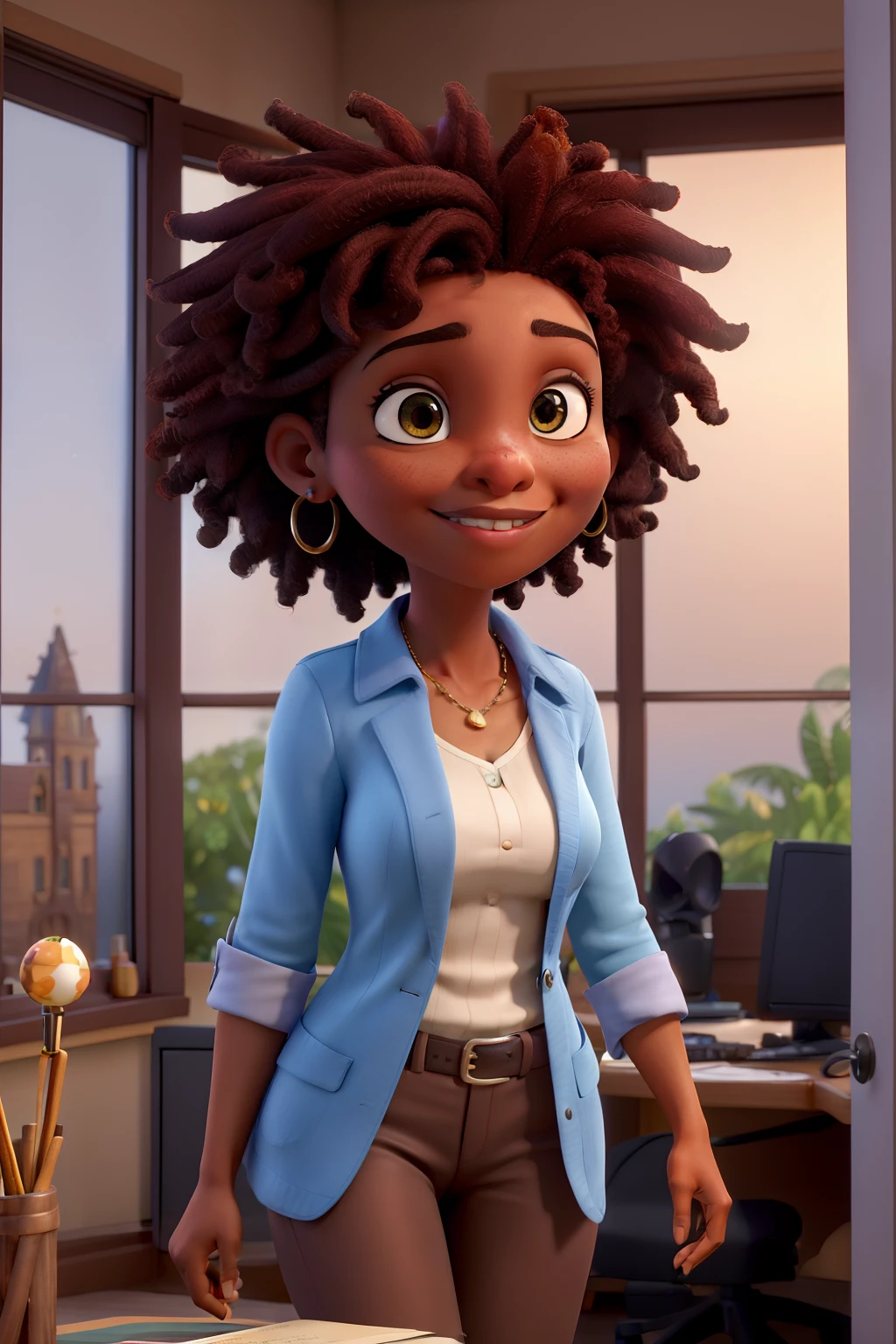 (best quality,4k,8k,Altas,master part:1.2),ultra-detalhado,(Realistic,fotorrealista,photo-realistic:1.37), Mulher afro-americana de 25 anos com short, cabelos cacheados e pele escura, olhos castanhos claros com belos detalhes, in a psychologist's office. She is wearing professional clothes and exudes a romantic style. The setting is a magical and enchanting Disney Pixar world, cheio de cores vibrantes e elementos extravagantes.