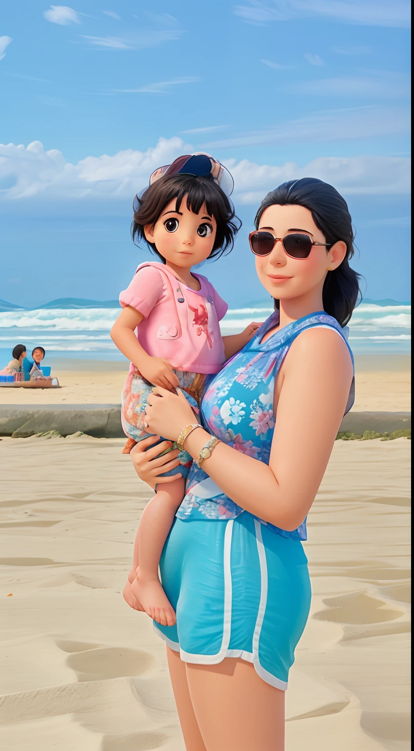 Woman holding a child on a beach with a blue sky in the background,mulher de 30 anos, imagem de perfil, em uma praia, na praia, no oceano, with a kid