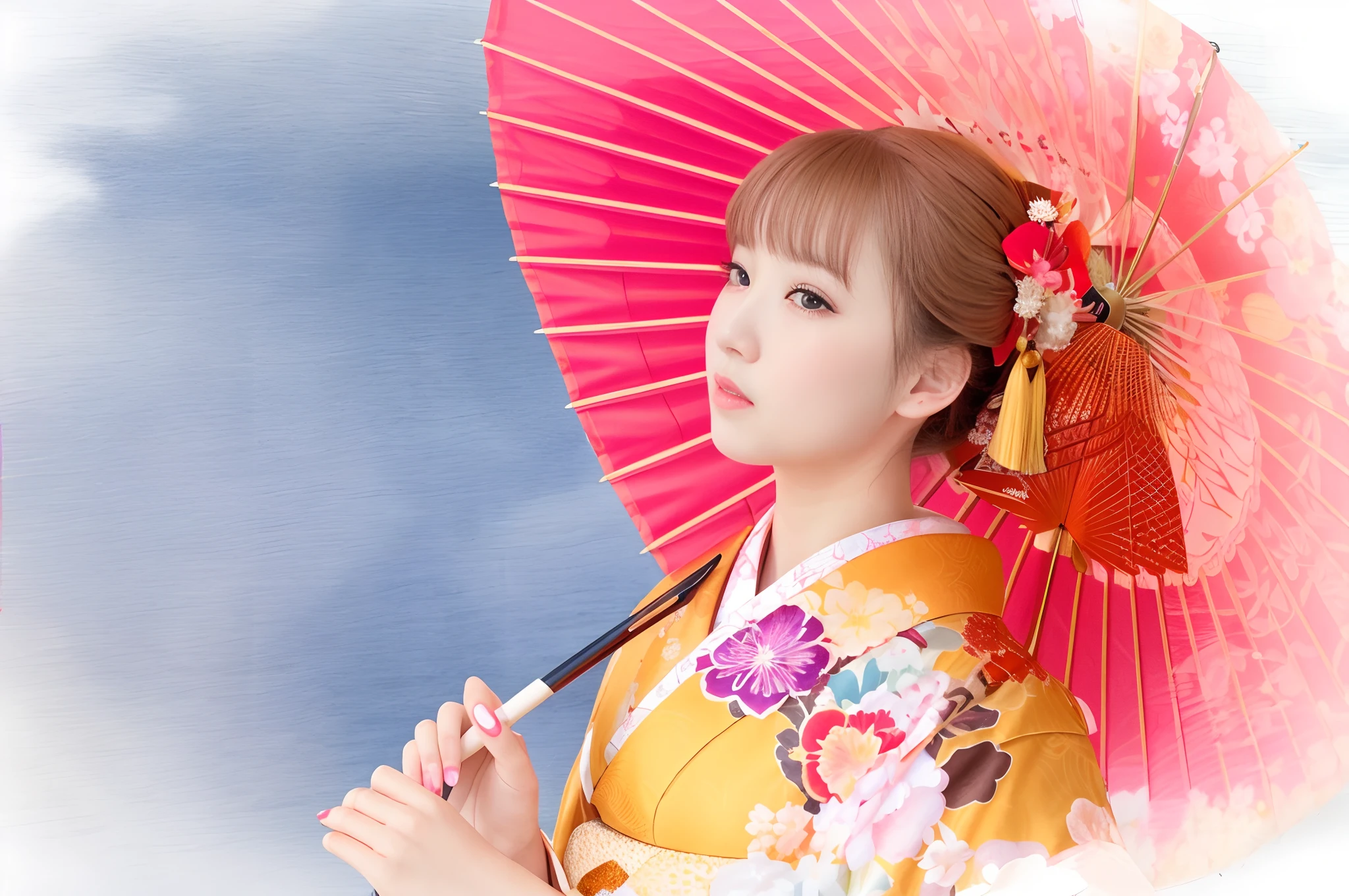 There is a woman in a kimono holding a red umbrella, in a kimono, wearing royal kimono, Kimono, in a kimono, Wearing kimono, japanese kimono, Wearing a kimono, Red kimono, A Japanese style, pale and coloured kimono,((big beatiful eyes)),Open lips, geisha photo portrait, shikamimi, bath robe, sakimichan, Ayaka, traditional japanese