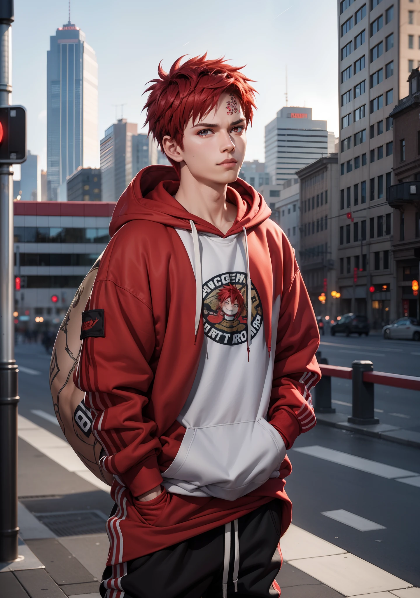 masterpiece, ultra-detailed, 1boy, male focus, upper body shot, Gaara wearing Streetwear Hoodie, red hair, look at viewer, happy face, Hands in pockets, vibrant colors, cityscape background, dinamic lighting, highly detailed face, stylish, urban style, cool attitude, bokeh, blurry background,