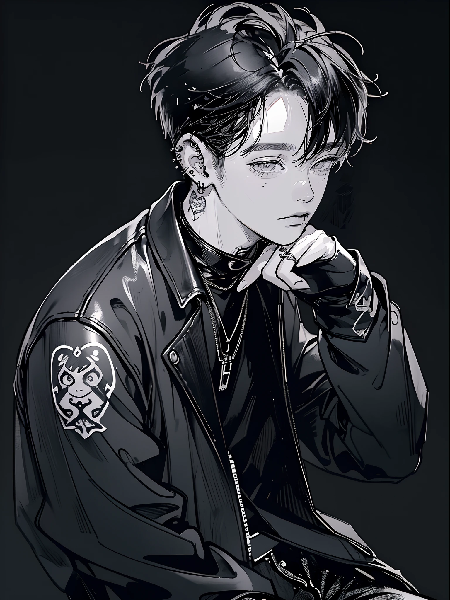 (4K works))、​masterpiece、(top-quality)、((black backgrounds))、Korean Male、Adult male、((Adult 50 years old))、((Adult uncle type))、((Leather Jeans Style))、((Face similar to Hyunjin))、Cool Men、tall、((Wild features))、((Long sleeve long trouser style))、((Smaller face))、Slim body、(((short-haired)))、((shot from a side angle))、((profile))、((Turn the body to the side))、((Shot alone))、((Solo Photography))、Professional Photos、((He is in front of the viewer))、((Monochrome photography))、((Upper body photography))、((Wear a lot of piercings))、((Mouth piercing))、((Icon Photo))、((Sick Boys))、((Mine Boys))、((tattoo))、((Mine photo))