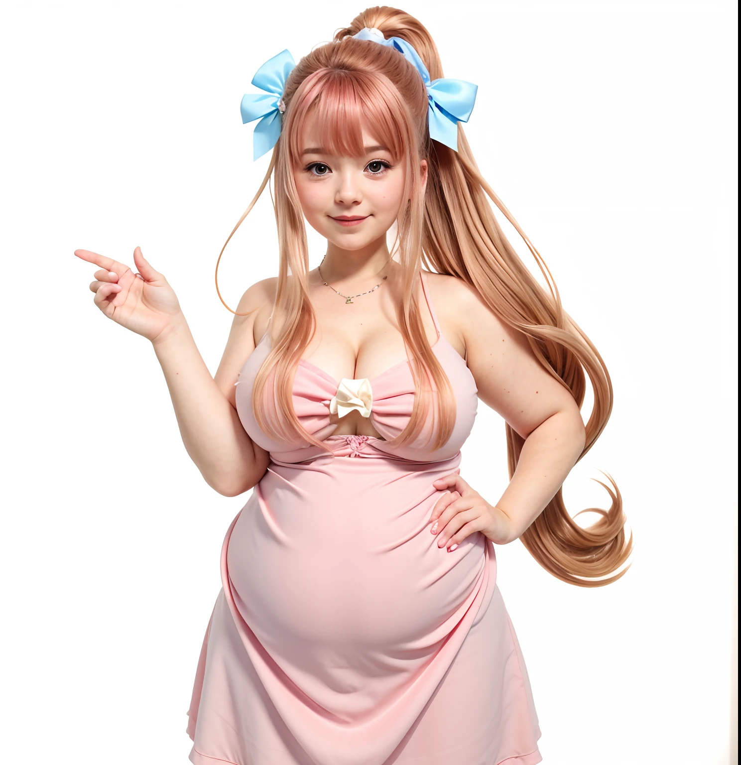 girl in a short dress with a bow on her head, cute waifu in a nice dress, monika from ddlc, thicc, feminine, oppai proportions, seductive girl, monika in dress, big fat round jiggly belly, pinkish blonde hair, nervous expression, looking to the left