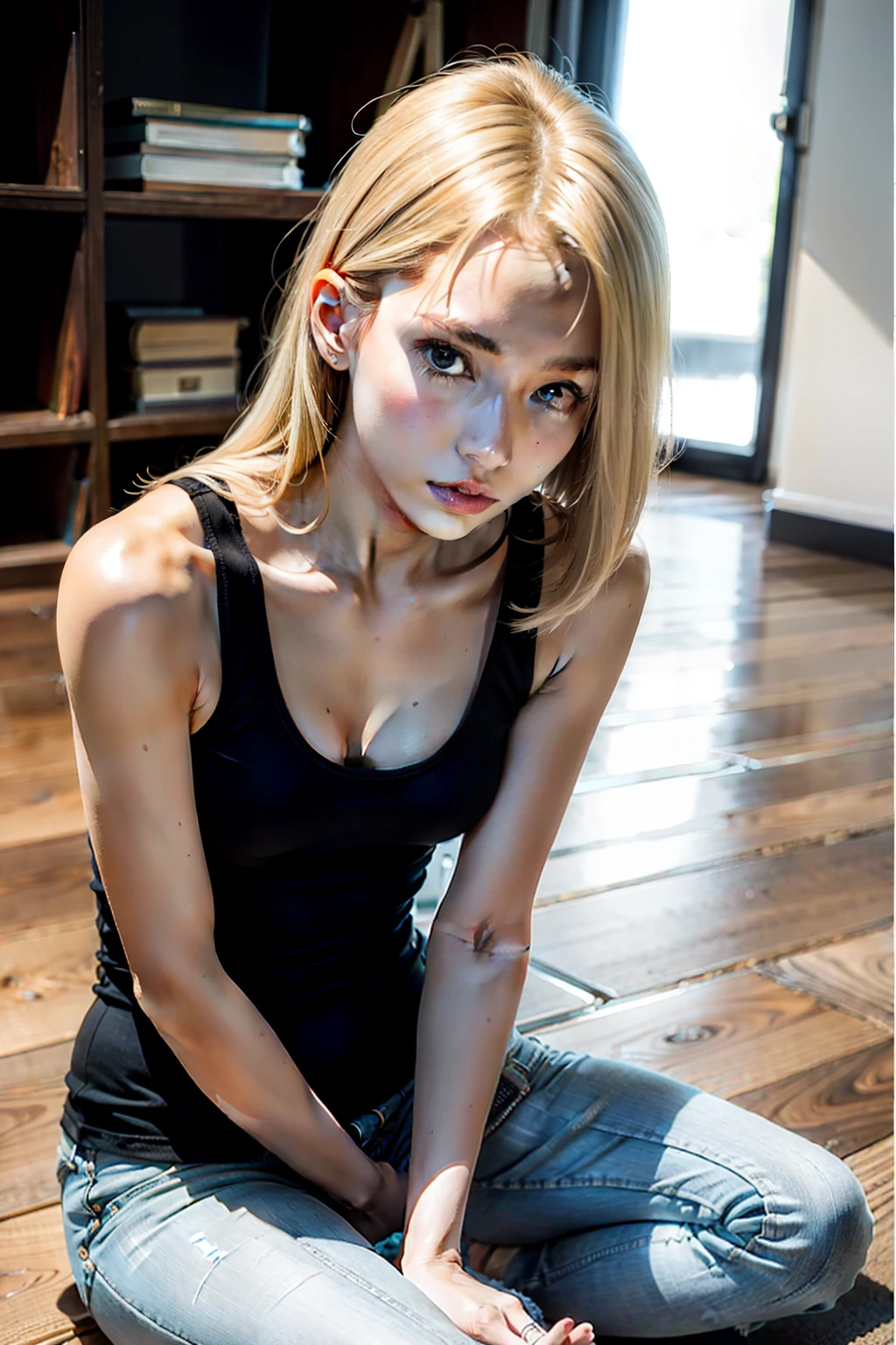 blond woman sitting on the floor with a cell phone in her hand, photo of slim girl model, photo of slim girl, thin waist, wearing tight simple clothes, 2 4 year old female model, close up to a skinny, tight black tanktop, wearing a tanktop, flat chested, she is wearing a black tank top, wearing tank top, good young girl as a professor of college