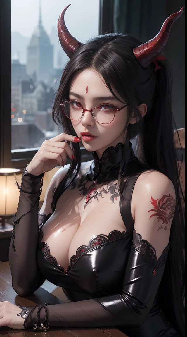 Fine、(The best illustrations)、8k UHD resolution、intricate-detail、top-quality、realisitic、ultra-detailliert、The best lighting、Best Shadows、Soft lighting、Ulutra HD、Ultra-realistic、Tindall Effect、Photorealsitic、(High Detail Skins:1.2)、 (Intricate details, makeup, pureerosface_v1:0.5), (Detailed beautiful delicate face, Detailed beautiful delicate eyes, A perfectly proportioned face, High detailed skin, Detailed skin, best ratio four finger and one thumb, arms below breasts, Tattoo with a red glow under the stomach、Awesome awesome, wide hips, smooth midriff, skiny and thin, __Fashion__, __hair__:1.25)、Digital SLR、 absurderes、1 beautiful devil woman from hell, surreal female portraits by David Hockney and Alphonse Mucha, Portrait of a seductive woman、Fantasy Art, Chinese Doll、Chinese actress、Dungeon、The dragon、Devil's Palace、Devil's Torture Chamber、natta、Dark style 、In the Dark、(Detailed spooky backgrounds:0.8), magia、 1人、Evil Nun、Dark Necromancer、Succubus、Devil's Daughter、Umi Shinonome、Bat Wings,(((Demon Horns)))、 ((((Huge glasses, Otaku Glasses, thick glasses, Round glasses)))),(((Colossal tits)))、(Devil's Tail)、(red eyes glowing:1.6)、red eyes make up very sharp and detailed, The eyes are very well made up, ((Red Eye:1.0)),intricate tattoos, demonic intricate tattoos, thigh tattoos, body tattoos, masterpiece、The most beautiful face、a baby face、Charming smile、plump beautiful red lips、Muscular seductive body、The enchanting body of the devil、devil style、Seductive Black Magic Costume、(((A shiny red snake is wrapped around her body)))、The long-haired、Braids、Black hair、Ponytail distortion、, Ponytail with a bow tied at the back of the hair, Beautiful expression、Body Up、Large breasts emphasis、Bust, Super tight breasts, Breast augmentation surgery, The breasts are very big and round and round,Toned waist、Wide buttocks、 lowkey, cowboy lens, (Black Phoenix Dress: 1.0), devil crown, Red sparkling gemstone necklace、Jewelry Gwise, wearing black mesh socks,Wear light red、nffsw, nffsw, Meet beautiful girls, Look at the girl's body,