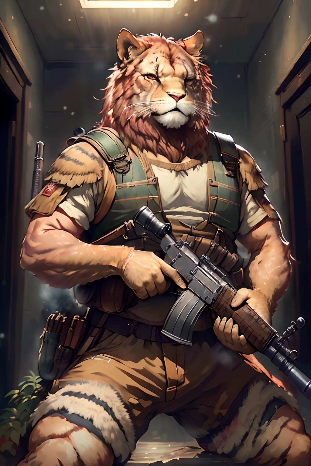 真实感, Realism of Leo's appearance,
Clear visualization of fine details, Painting by Jean-Baptiste Monge depicting a large adult lion, Bright red mane, Evil Look, dressed in military uniform, hat on his head, In the hands of a weapon, stands on a ledge, , jean - baptiste monge, anthropomorphic --ar 2:3 --testp -optimistic;