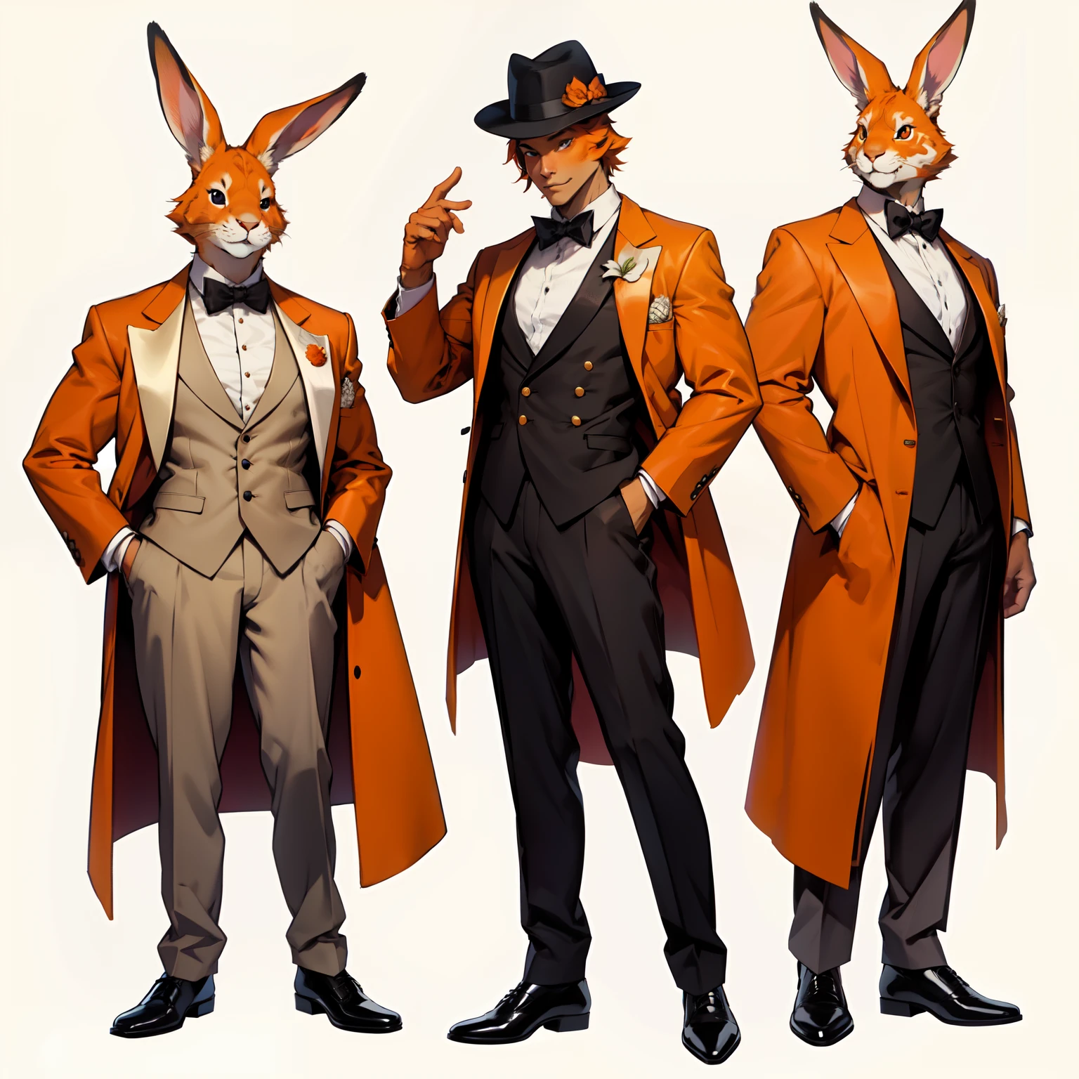 orange rabbit in formal clothing with a hat, simple background, standing upright, animal, mystical, whimsical