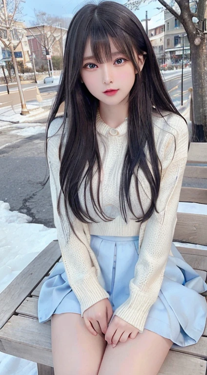 bright expression、photorealisim、top-quality、超A high resolution、a picture、Photos of the most beautiful Nordic girls、Detailed cute and beautiful face、a small face、(pureerosface_v1:0.008)、Beautiful bangs、alice in the wonderland、14years、(thighs thighs thighs thighs:1.2)、full body Esbian、Glowing white shiny skin、a small face、Bangs that extend to the face、bangss、Hair between the eyes、Silky hair of attractive black color、finer hair、 Her clear light blue eyes shine charmingly、(winter school uniform:1.2)、(pleatedskirt:1.2)、eye liner、a park、Sitting on a bench、Double eyelids、ample breasts、Dynamic Pose