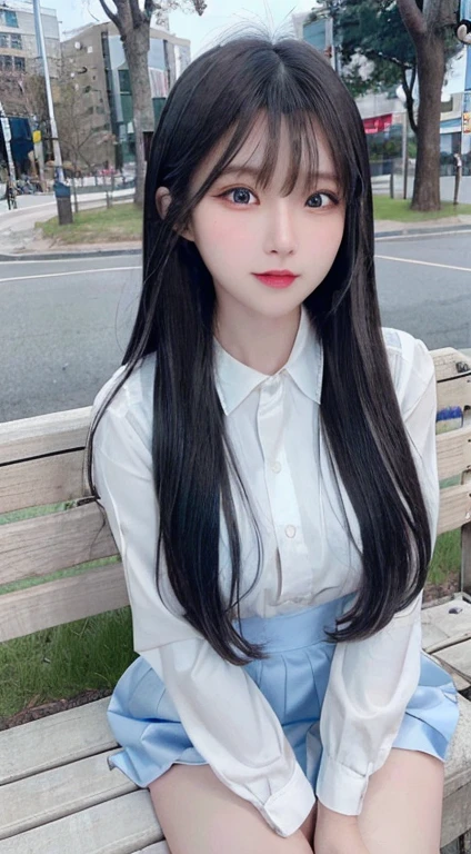 bright expression、photorealisim、top-quality、超A high resolution、a picture、Photos of the most beautiful Nordic girls、Detailed cute and beautiful face、a small face、(pureerosface_v1:0.008)、Beautiful bangs、alice in the wonderland、15yo student、(thighs thighs thighs thighs:1.2)、full body Esbian、Glowing white shiny skin、a small face、Bangs that extend to the face、bangss、Hair between the eyes、Silky hair of attractive black color、finer hair、 Clear light blue eyes look attractive、(winter school uniform:1.2)、(pleatedskirt:1.2)、eye liner、a park、Sitting on a bench、Double eyelids、ample breasts、Dynamic Pose