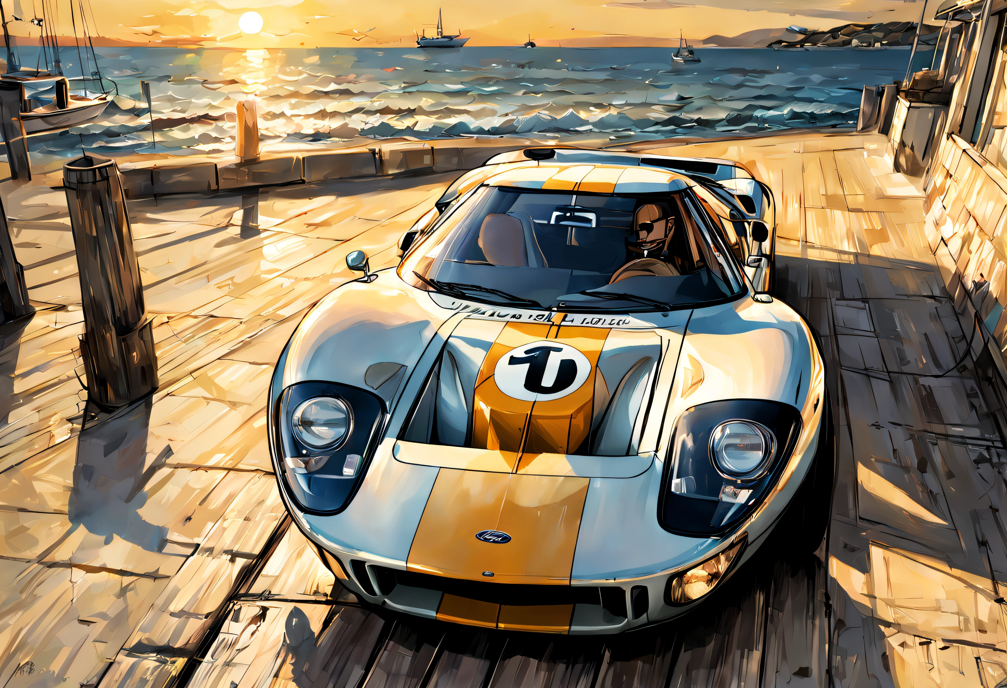 Ford Gt40, roule en bord de mer, avec du soleil, style dessin manga