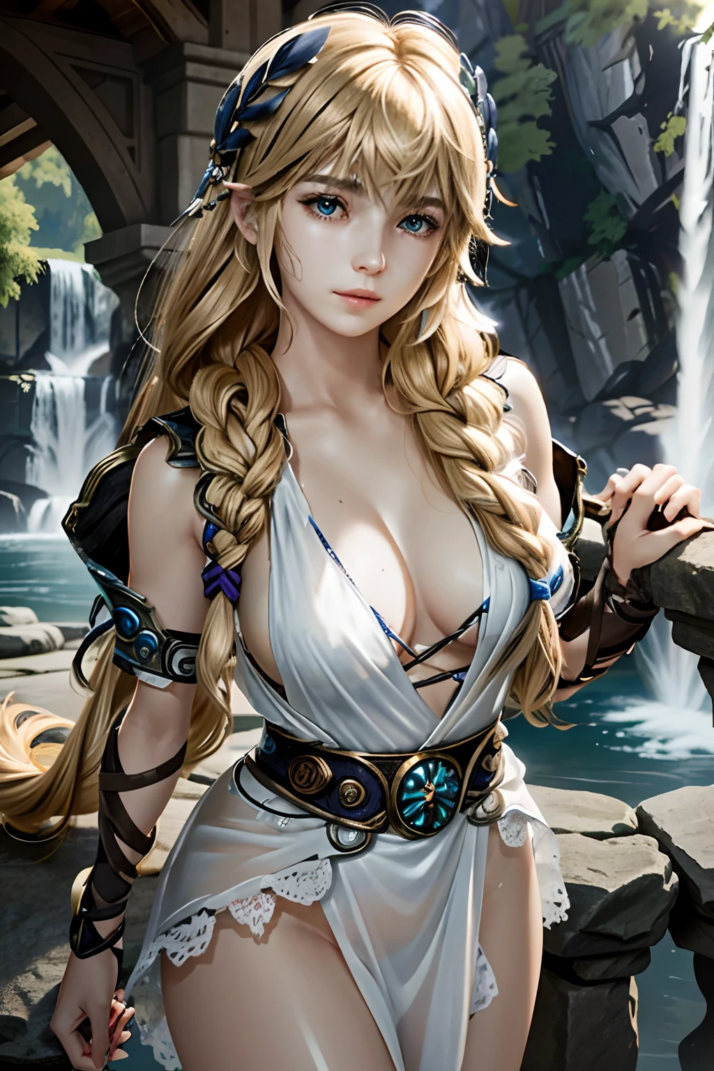 (best quality:1.3)ultra-detailed, realistic, masterpiece, Soul Calibur Sophie, alone, long hair, braided bangs, natural attire, waterfall, twilight, ethereal light, damaged, defeated, NSFW, torn clothes