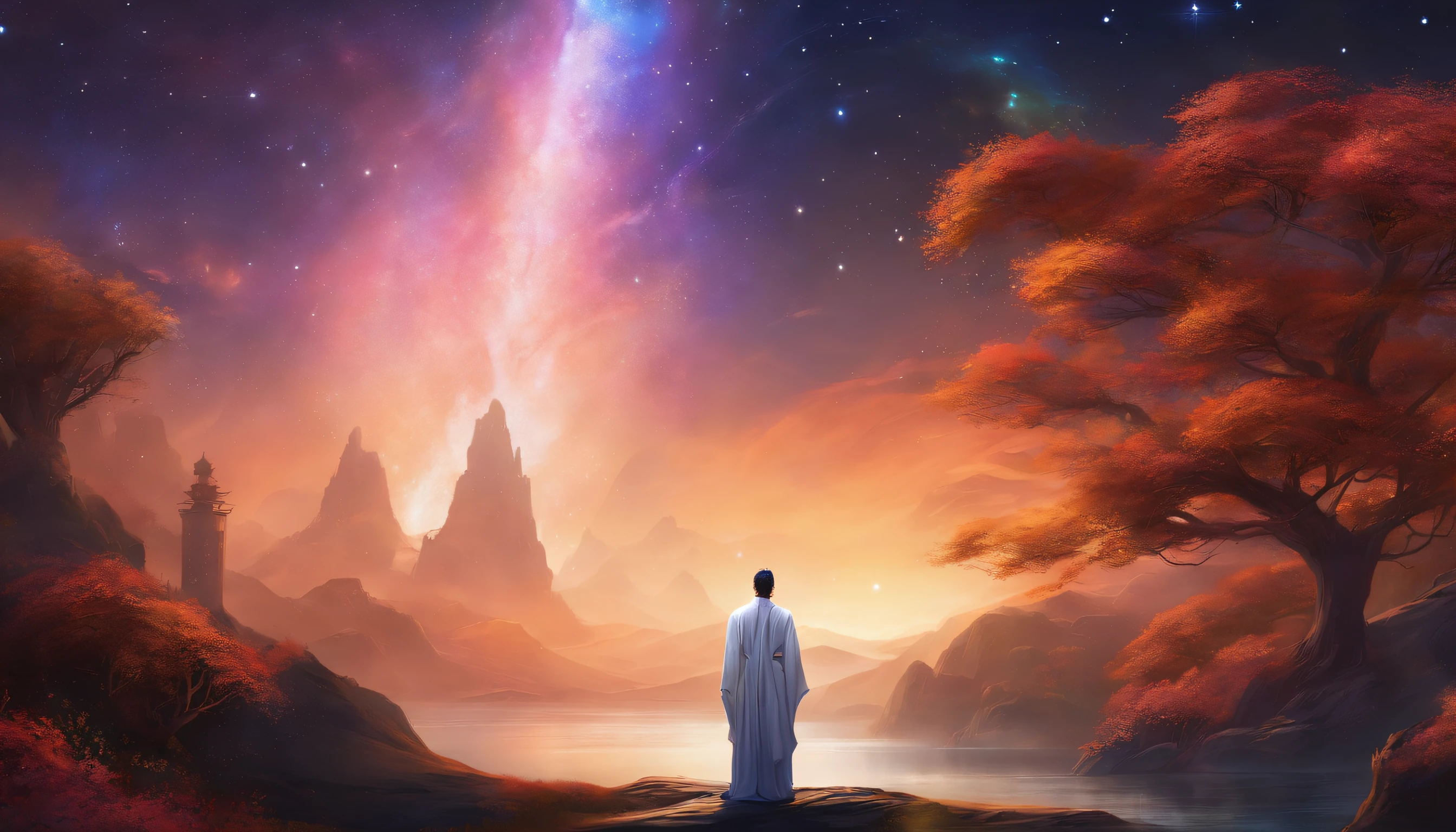 Facing the audience, full body meditation posture, hands on thighs, 50-year-old Asian middle-aged wise man meditates with eyes closed, peaceful look, meditates, has white long beard, cross-legged meditates, wears white grey robe, , the entire Milky Way starry sky, majestic, starlight rising, in the center, facing the camera, very bright colors, light particles, glowing with light, Mshiv, wallpaper art, ultra high definition wallpaper