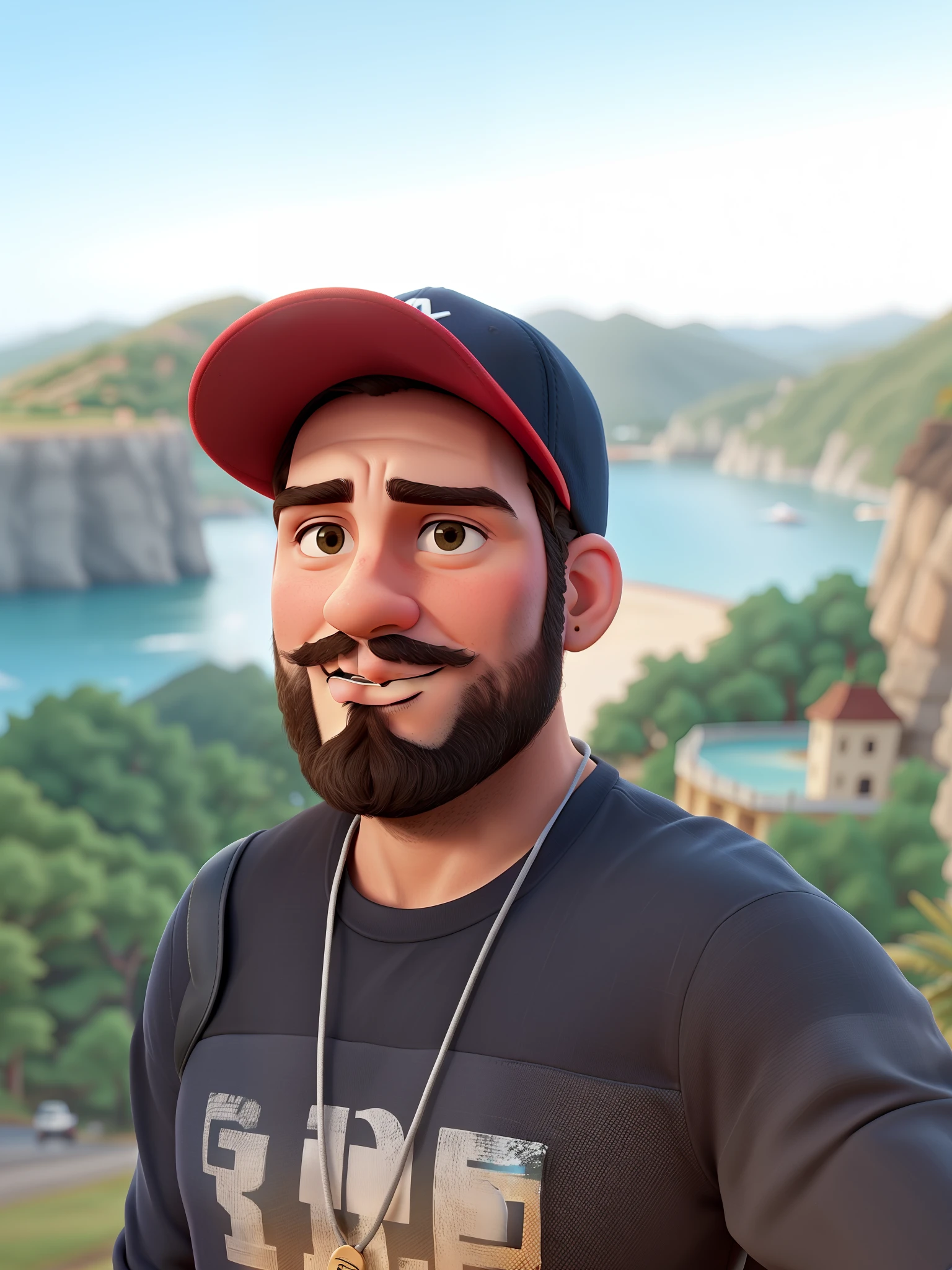 there is a man with a beard and a baseball cap on, com montanhas ao fundo, com montanhas como pano de fundo, com montanhas no fundo, foto de perfil headshot, Colinas ao fundo, taken in the early 2020s, andres rios, Riyahd Cassiem, imagem de qualidade muito baixa, Fotografia selfie 8k, Fotografia tirada em 2 0 2 0