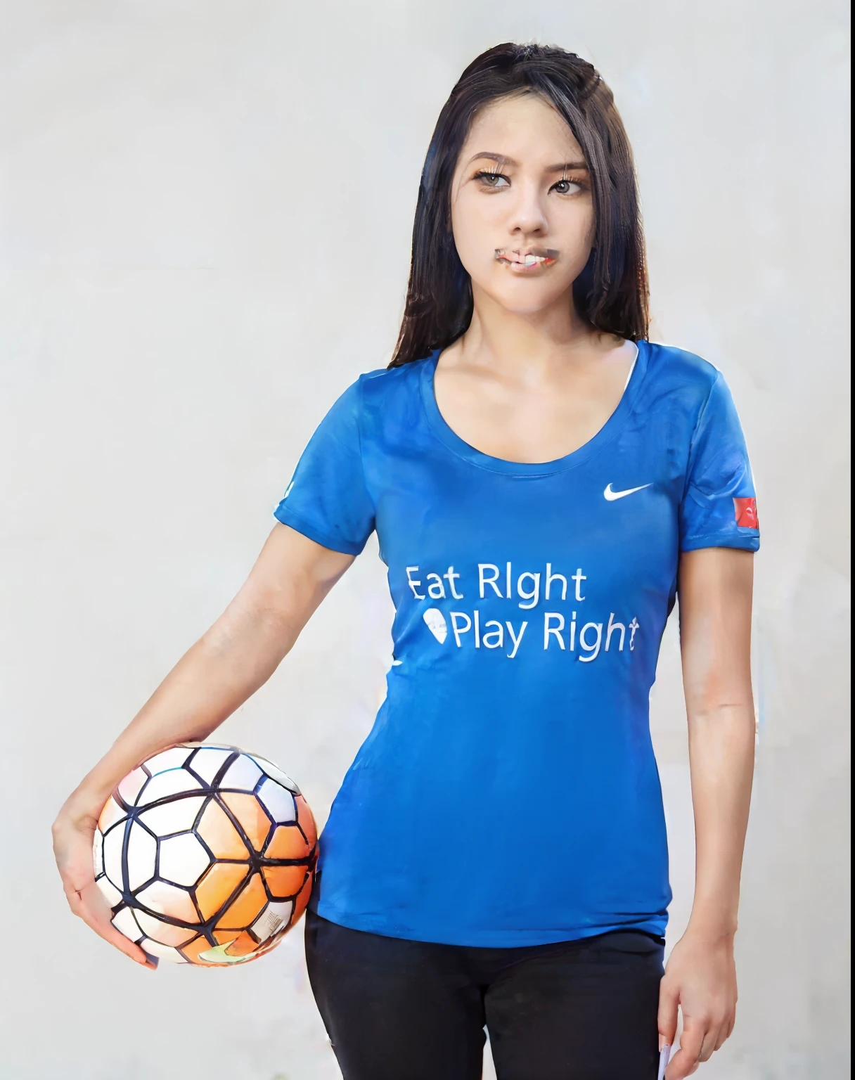 arafed woman in a blue shirt holding a soccer ball, blue tight tshirt, nike shirt, sport t-shirt, sports clothing, tight shirt, official, professional sports style, wearing tight shirt, wenfei ye, sport clothing, play, sexy photoshoot, pr shoot, that's right, sexy, lust, hot, sweating