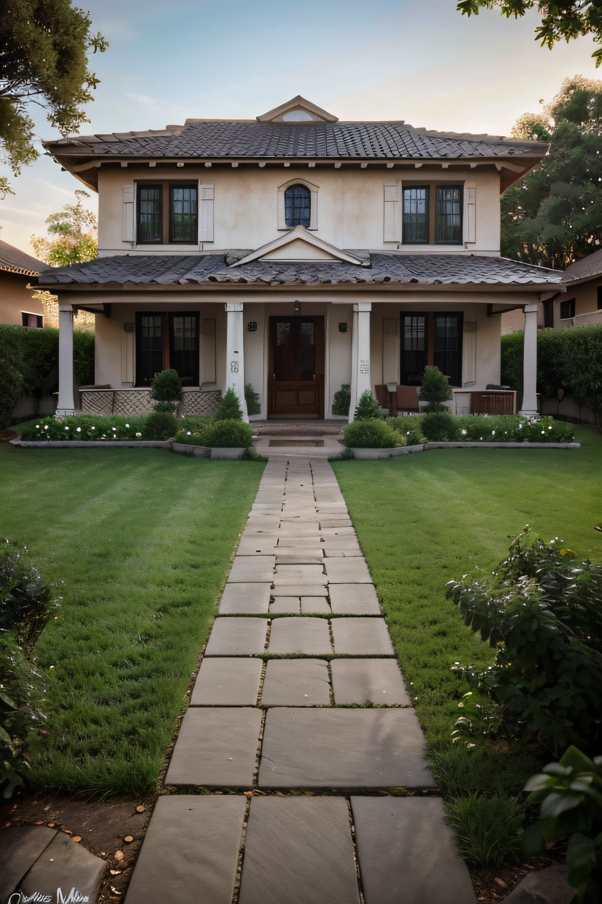 positive: an exterior garden, stone path, outdoor dining, flowering bed, American villa house in the background, daylight, sunset, two-point perspective, human perspective, realistic, photographic, rendering, masterpiece, high quality, ultra-detailed, 4K
Negative: People, ugly building, text, error, missing fingers, extra digit, fewer digits, cropped, worst quality, low quality, normal quality, jpegartifacts, signature, watermak, username, blurry, sketches