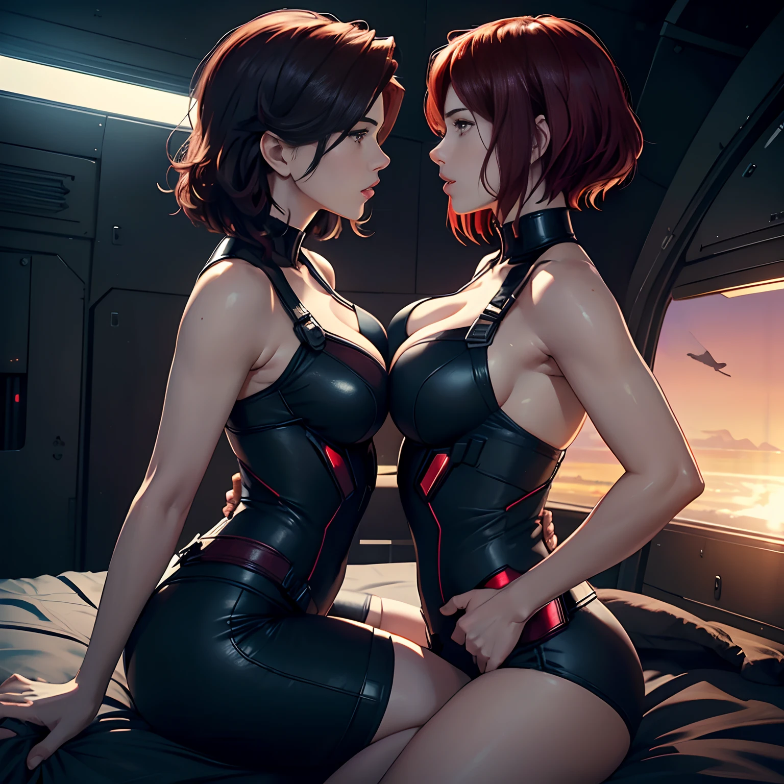 Create an evocative image of Scarlett Johansson as black widow with ((short red hair)) and Cobie Smulders as maria hill with (short dark brown hair), side by side outside a spaceship, resting on a bed, resting on a bed,  gazing silently towards the horizon where the warm hues of a setting sun paint the sky in nostalgic colors. Cinematic lighting. Panty, ((white singlet top)). hug. kiss. passionate gentle kiss on the lips. kissing. looking at each other. grabbing buttocks. consensual. Bliss. Grabbing breasts.