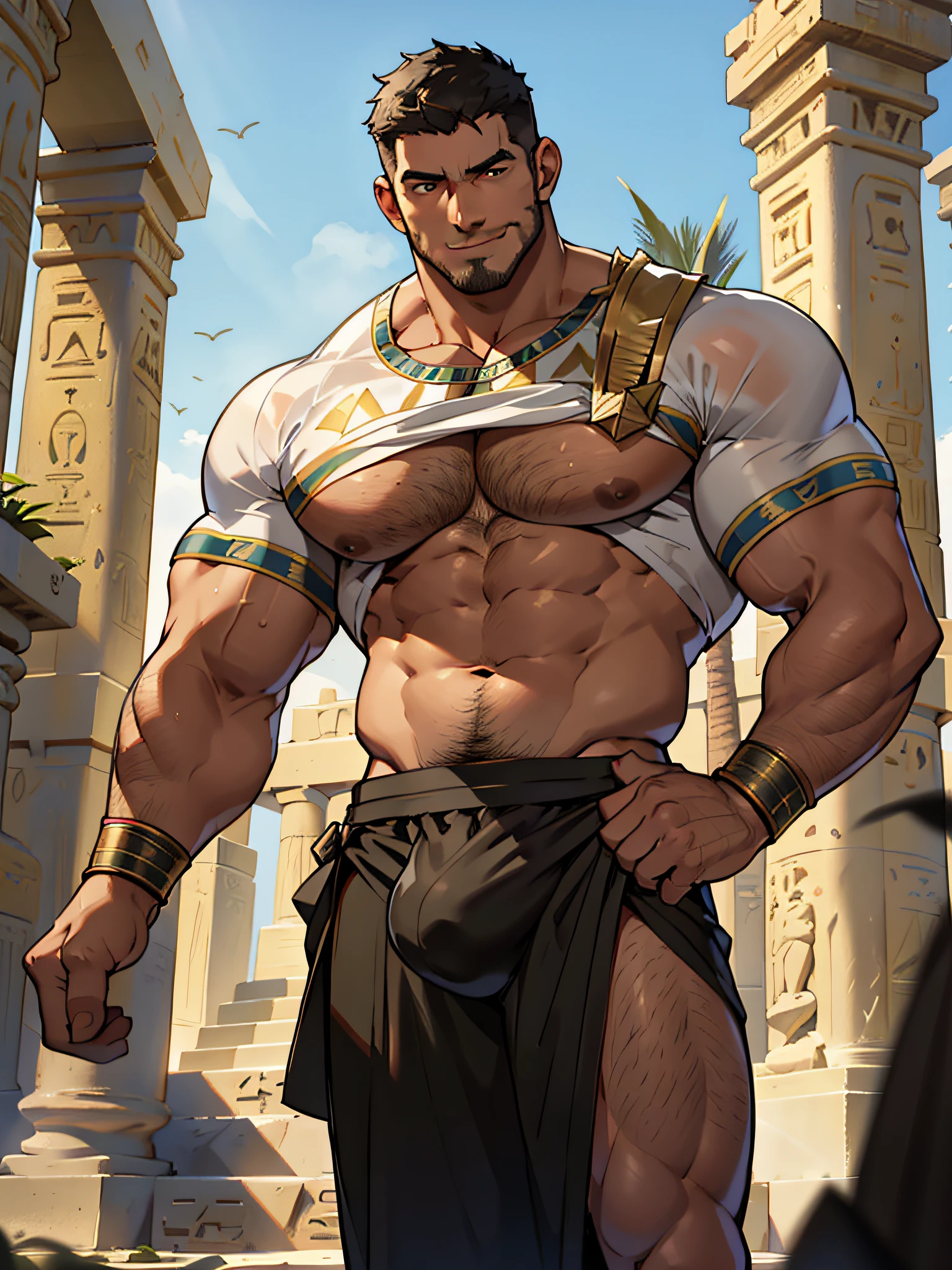 1 man, Middle-aged man, Chris Redfield, Smiling face, Solo, White skin, Muscular, Hairy body, Muscle Man, Tall, hunk, large biceps, Abs, Big thighs, broad shoulder, Open chest, Facial hair, with short black hair, Ancient Egyptian clothing, Exotic sexy outfits, In front of the pyramid, Pyramid background, Ancient Egyptian vibe, almost , audience looking, high resolution:1.2, Best quality, upperbody shots, Flat style, Low camera angle, voluminetric lighting, Depth of field, black shadows, Huge crotch bulge, full bodyesbian, Sexy clothing, See-through underwear, Transparent underwear, Ancient Egyptian facial features, NSFW, No shirt,