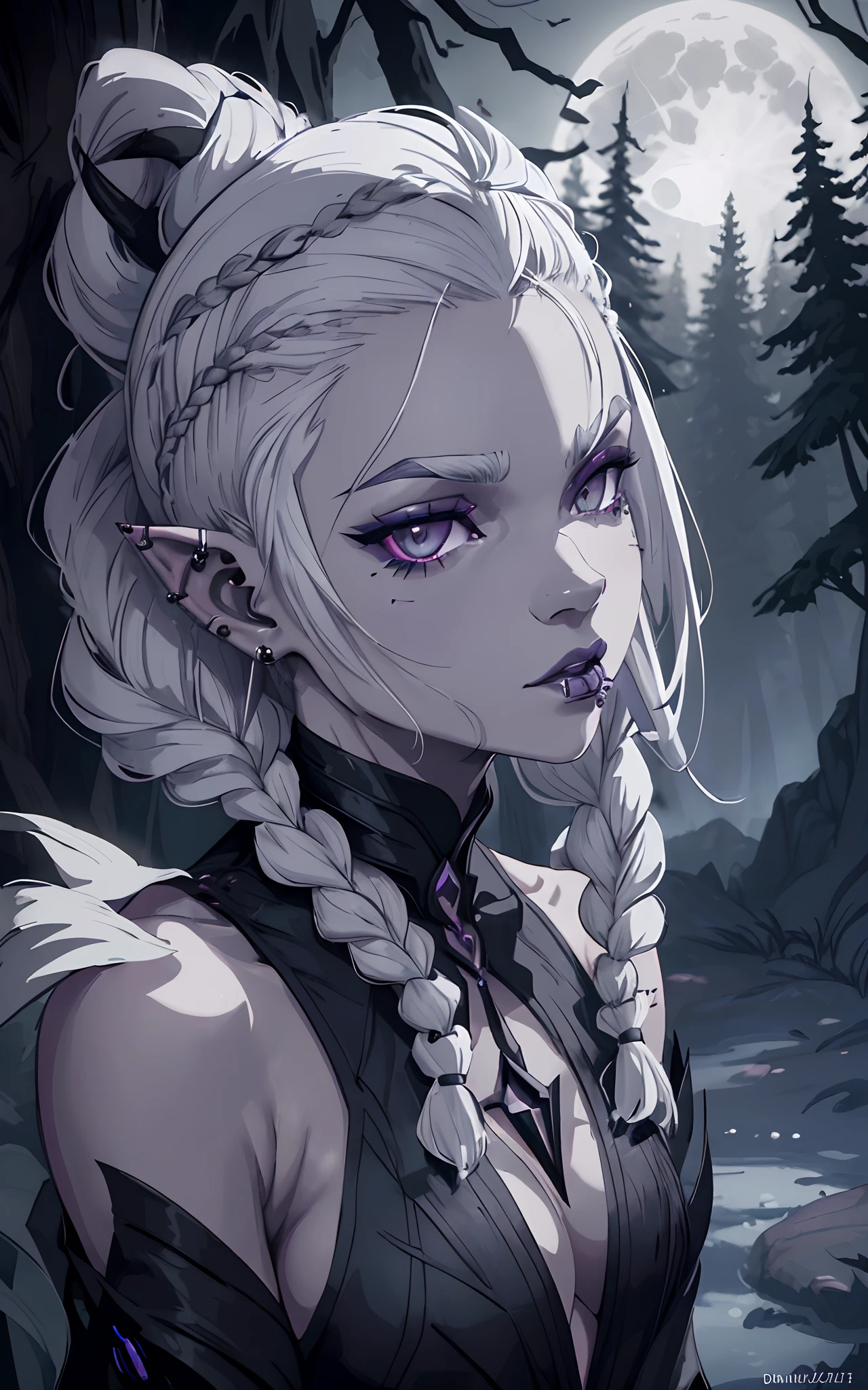 (Dark elf witch), the face of zendaya:Dua lipa, pointy ears, grey skin, white hair, (high top fade haircut), (one braid in one side of the head), masterpiece, dark forest in the background, fog, in the night, full moon ligth, 8k, detailed digital art, piercings.