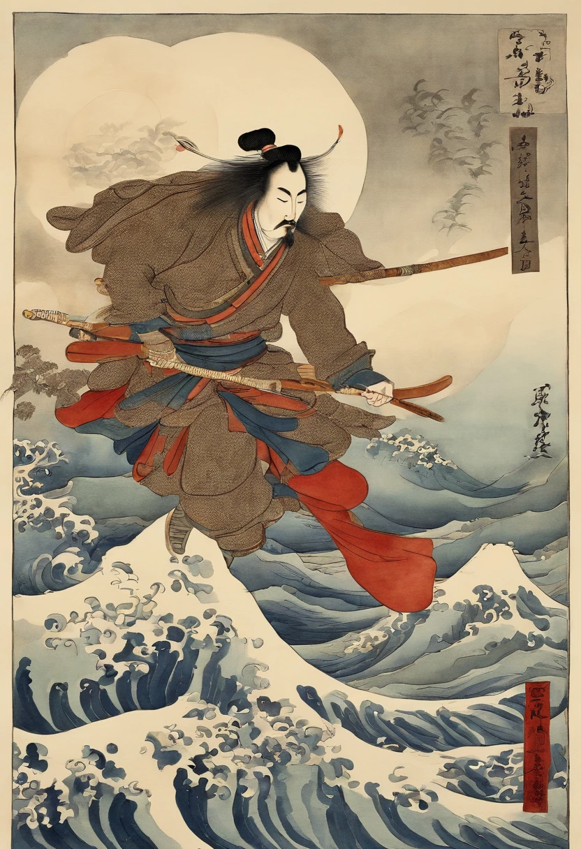 Best Quality, style of hokusai, ukiyoe painting, male people,Oda Nobunaga,Flying Hototogis