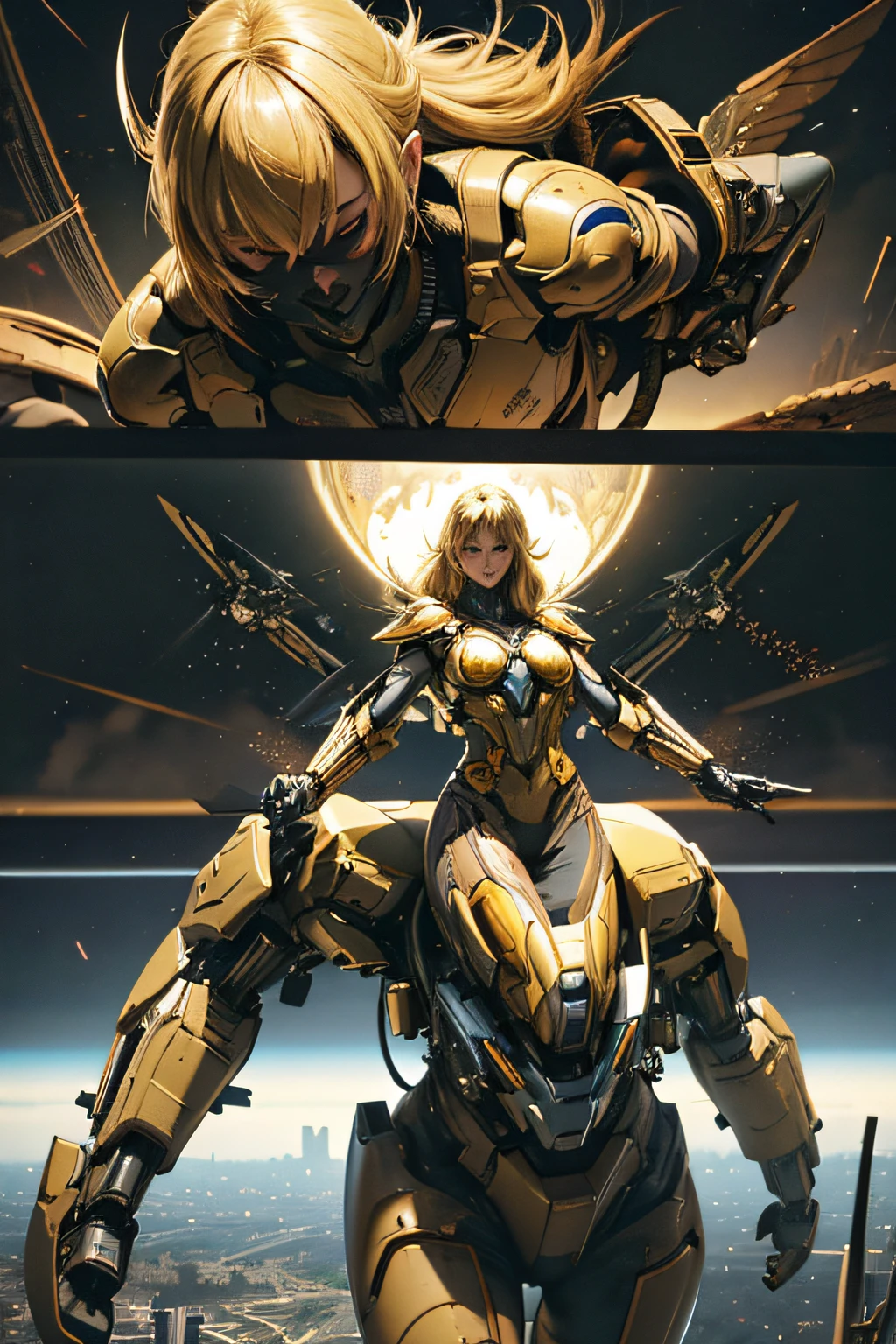 top-quality、masutepiece、4K、comic strip、ighly detailed、 Woman in Blonde Cyber Suit、Fly through the sky with a flying mech on your back、Dogfight、Sci-fi cartoons