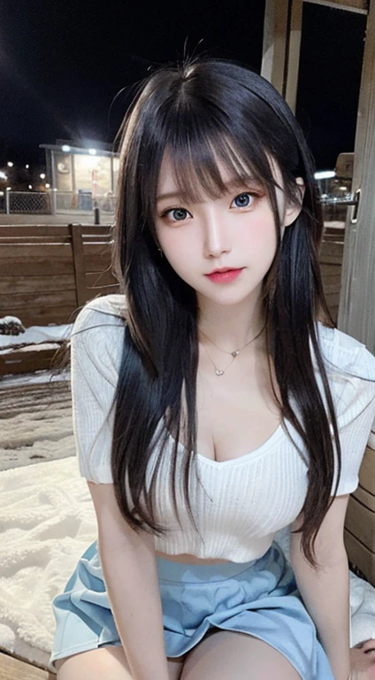 bright expression、photorealisim、top-quality、超A high resolution、a picture、Photos of the most beautiful Nordic girls、Detailed cute and beautiful face、a small face、(pureerosface_v1:0.008)、Beautiful bangs、alice in the wonderland、15yo student、(thighs thighs thighs thighs:1.2)、full body Esbian、Glowing white shiny skin、a small face、Bangs that extend to the face、bangss、Hair between the eyes、Silky hair of attractive black color、finer hair、 Clear light blue eyes shine attractively、(winter school uniform:1.2)、(pleatedskirt:1.2)、eye liner、a park、Sitting on a bench、Double eyelids、ample breasts、Dynamic Pose