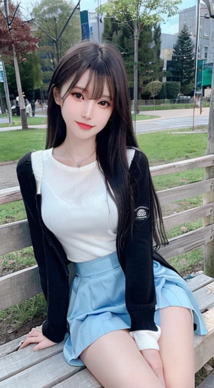 bright expression、photorealisim、top-quality、超A high resolution、a picture、Photos of the most beautiful Nordic girls、Detailed cute and beautiful face、a small face、(pureerosface_v1:0.008)、Beautiful bangs、alice in the wonderland、、(thighs thighs thighs thighs:1.2)、full body Esbian、Glowing white shiny skin、a small face、Bangs that extend to the face、bangss、Hair between the eyes、Silky hair of attractive black color、finer hair、 Clear light blue eyes shine attractively、(winter school uniform:1.2)、(pleatedskirt:1.2)、eye liner、a park、Sitting on a bench、Double eyelids、ample breasts、Dynamic Pose