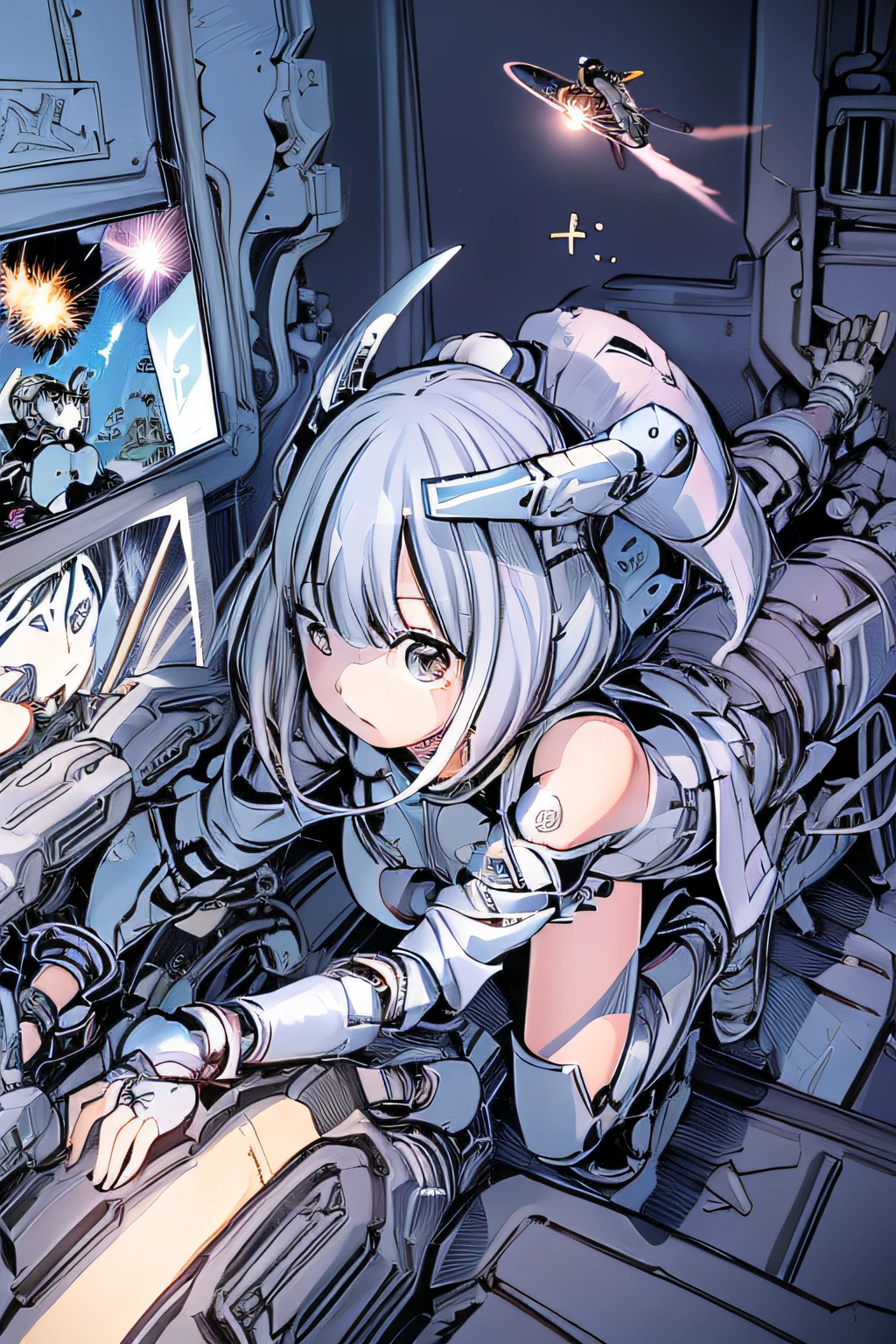 top-quality、masutepiece、Comics style、4K、comic strip、ighly detailed、A scene in which a girl in a cybersuit riding a flying mecha almost collides with a high school boy、Surprised face